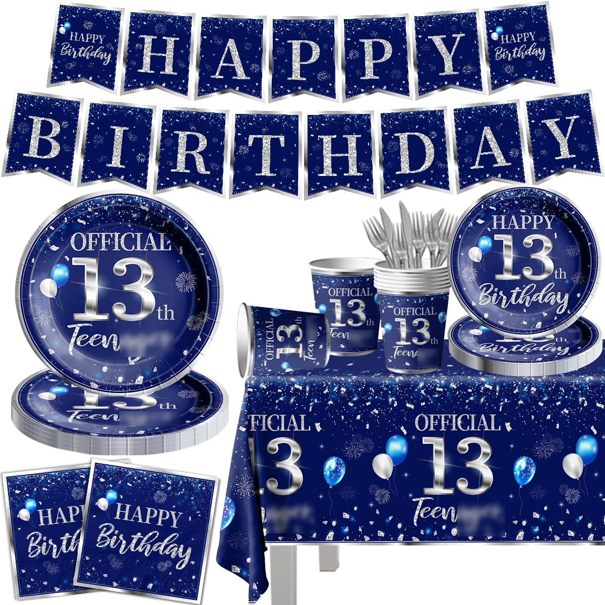 142 Pcs Silver Blue 13th Birthday Tableware and Decorations for Boys