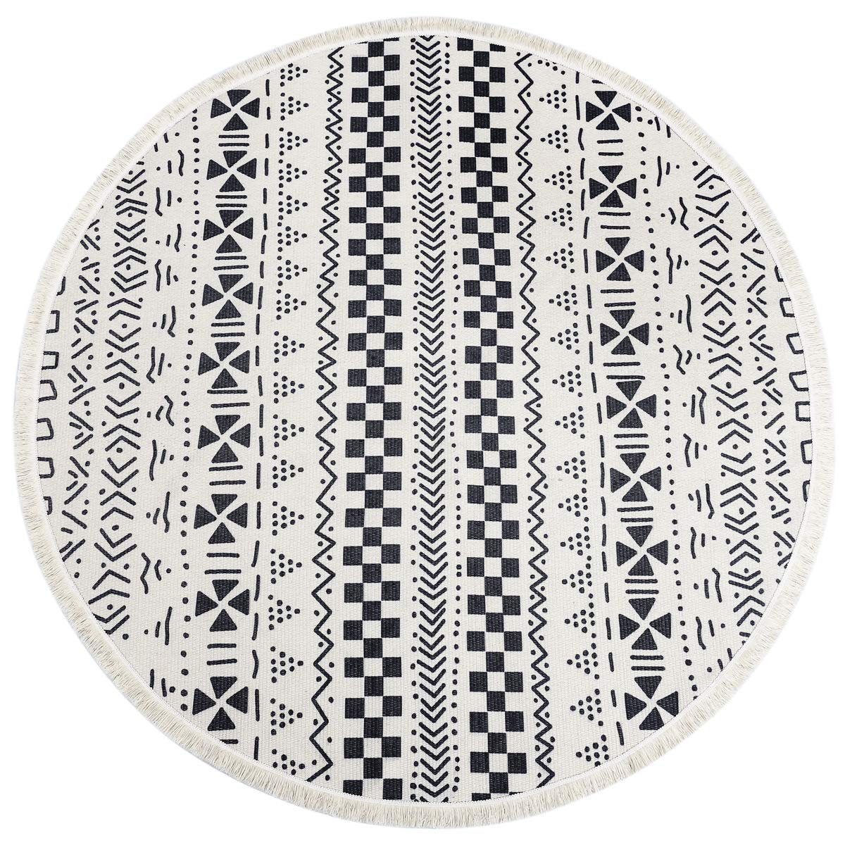 U'Artlines 4F Round Cotton Rug Woven Tassel Throw Chic Bohemian Hand Woven Machine Washable Circular Carpet for Living Room Bedroom Bathroom (4Feet, Geometric)