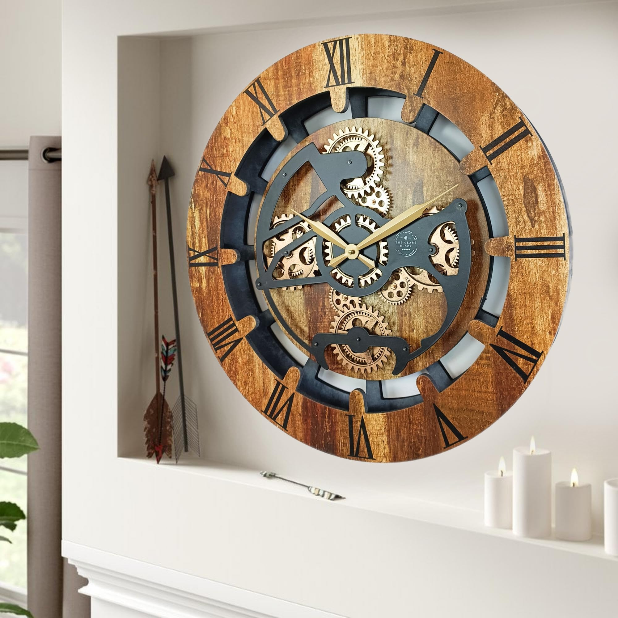 Reloj de pared THE GEARS CLOCK con engranajes móviles reales de la línea Canada de 60 cm redondo (marrón vintage, 60 cm)