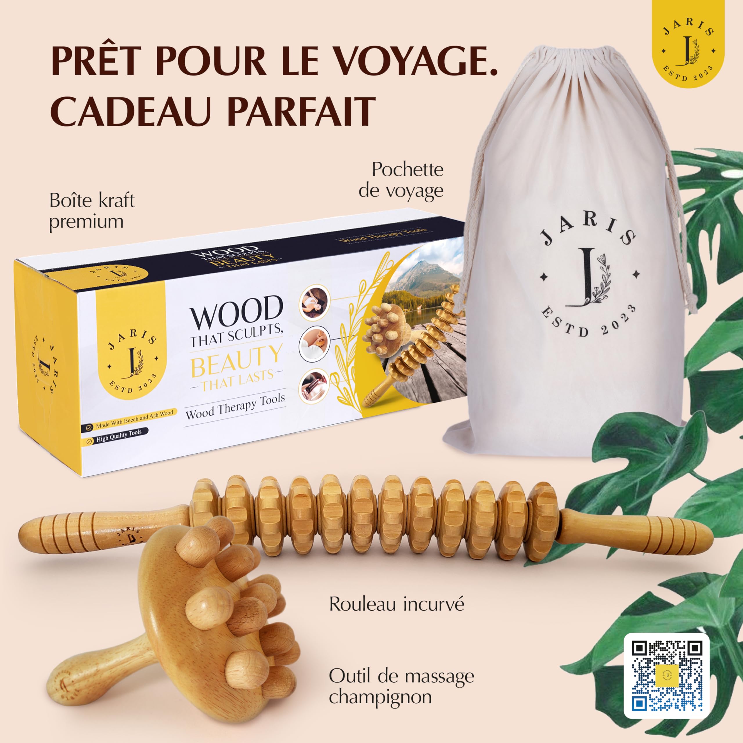 Kit Maderothérapie Ventre Plat – Anti-Cellulite pour Maison – Drainage Lymphatique & Massage Raffermissant – Rouleau Bois + Champignon – Améliore la Circulation – Guide en Ligne (QR Code)