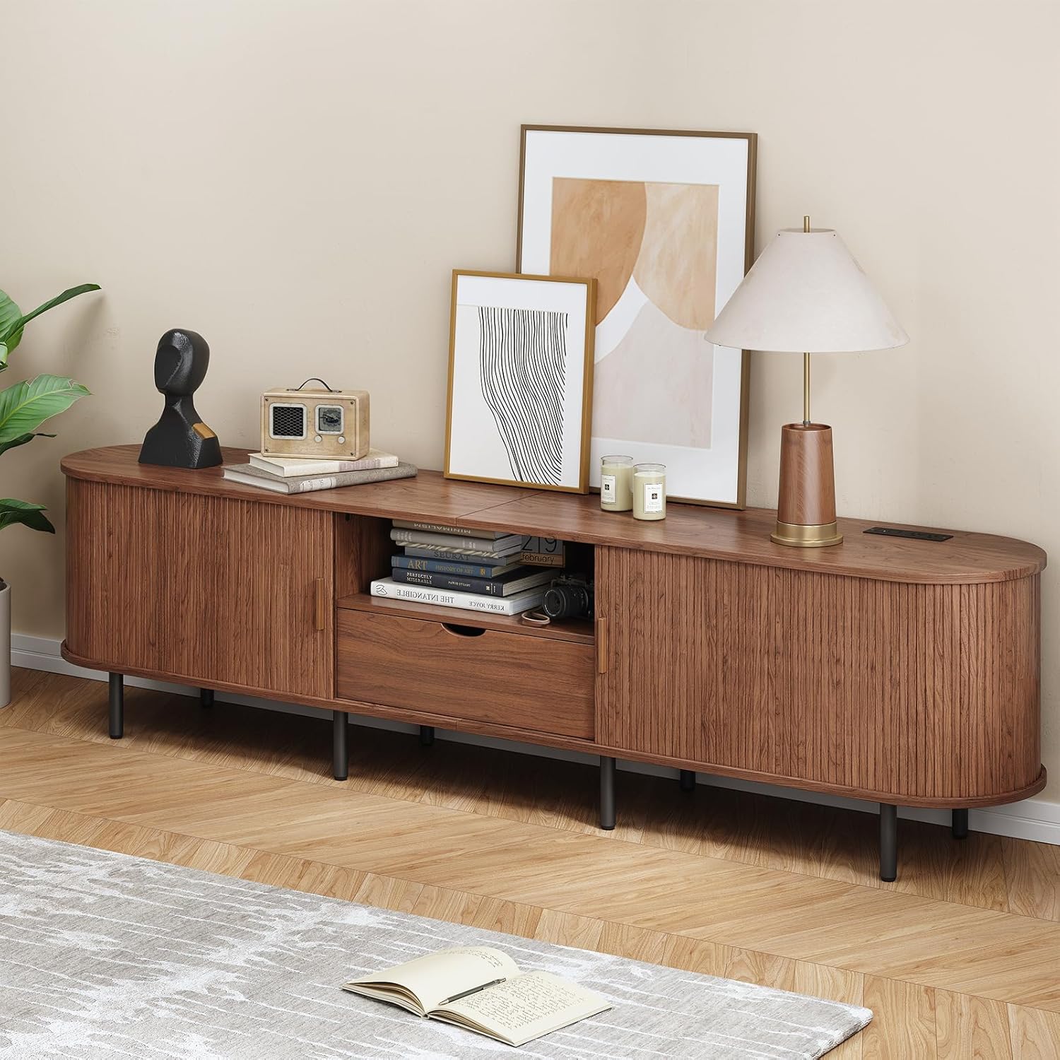 ONBRILL 86.6" TV Stand with Power Outlet for TVs up to 90", Entertainment Center with Storage and Drawer, TV Console with Adjustable Shelves and Sliding Door, TV Stand for Living Room, Bedroom, Walnut