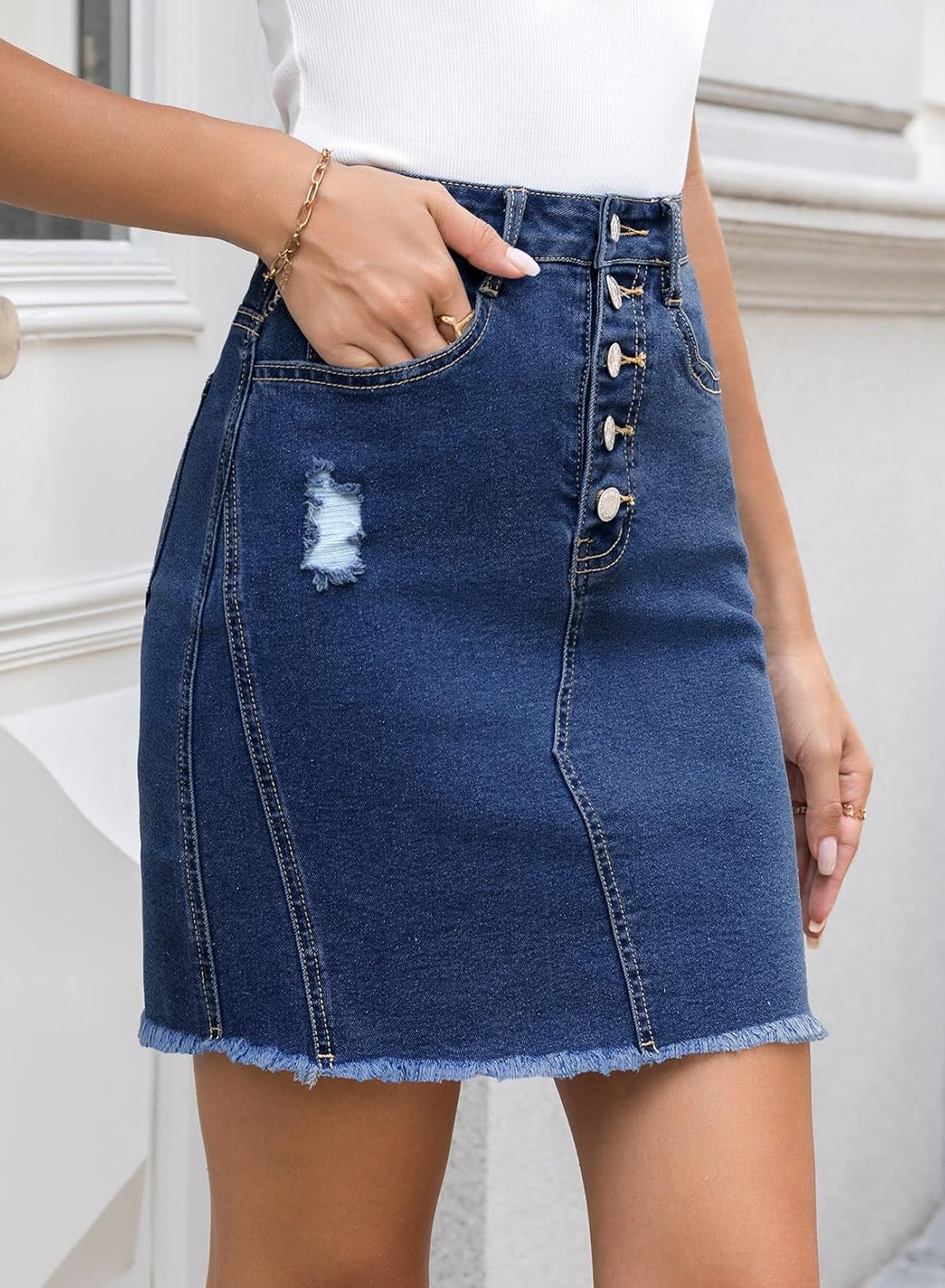 Sidefeel Women's Jean Skirt Stretchy Ripped Frayed Button Fly Summer Denim Skirt - Image 3