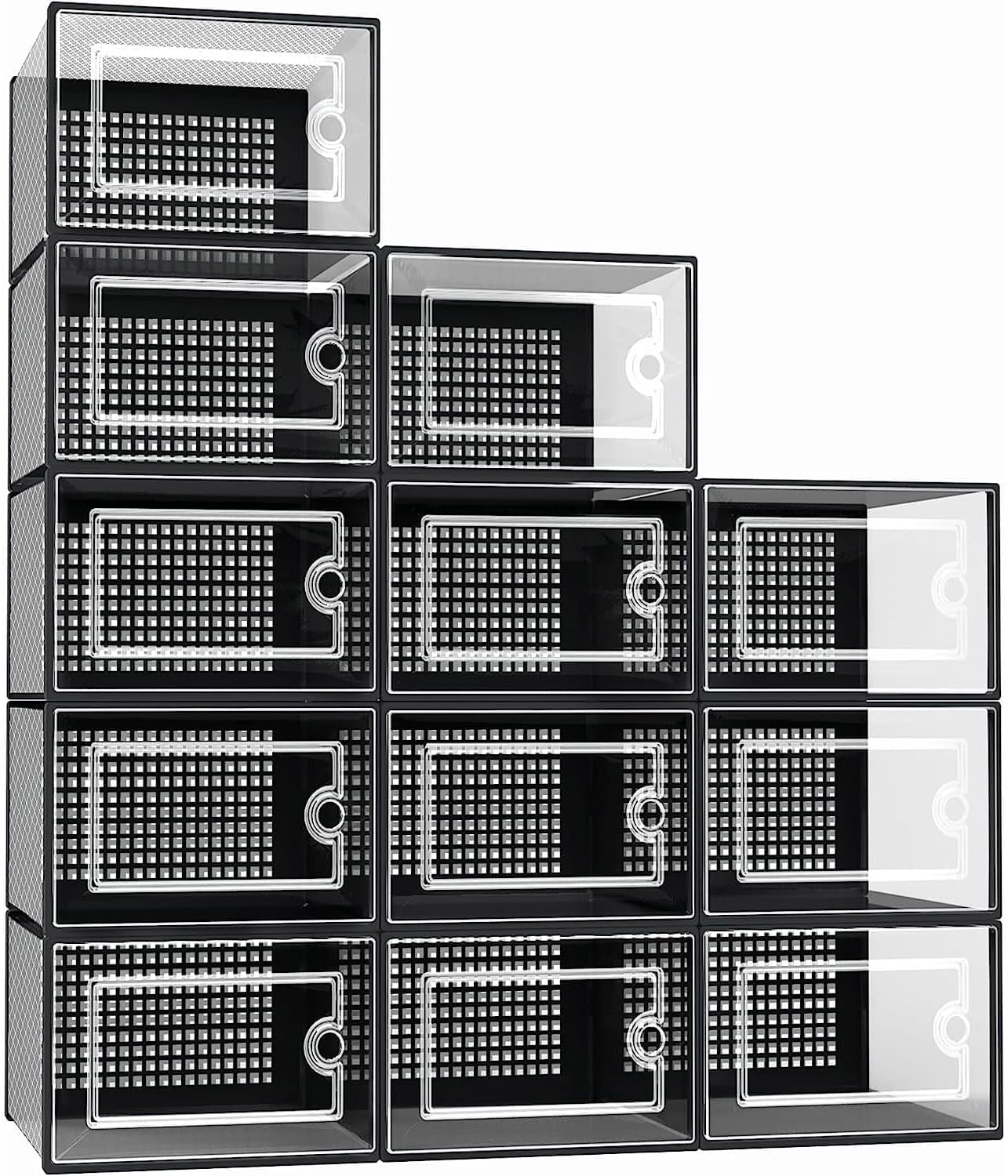 Greenfields 12 Pack Transparent Clear Hard Plastic Stackable Shoe Box Organiser - DIY, Craft Bins, Organisers, Containers, Sturdy and Durable Space Saving, Ventilated with Box Lids (Black)