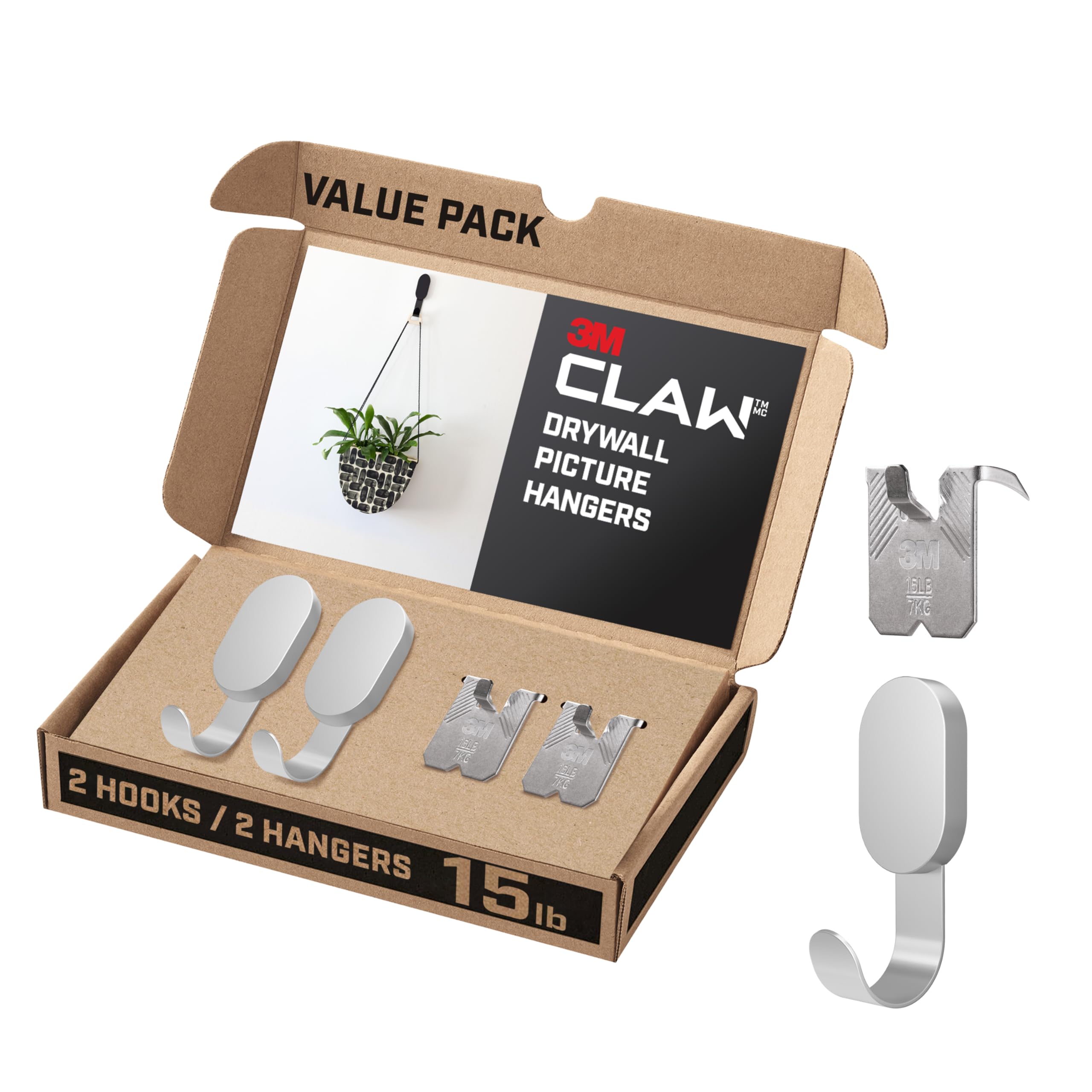 3M 3DH15SLV-2ESF Claw Hooks, 15 lb, Silver