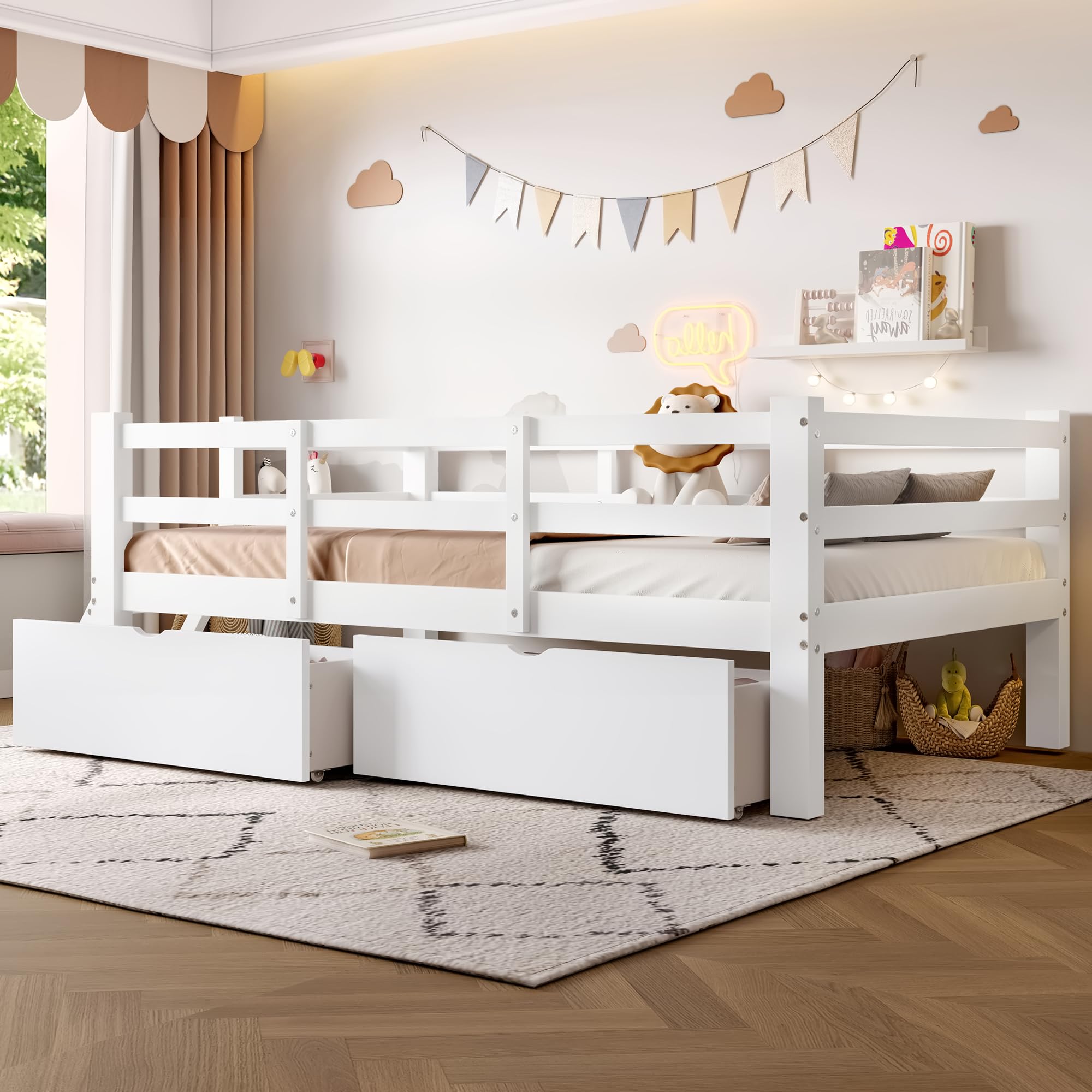 Łóżko platformowe 90 x 200 cm z poręczą ochronną i 2 szufladami, białe, MDF i sosna, dla dzieci