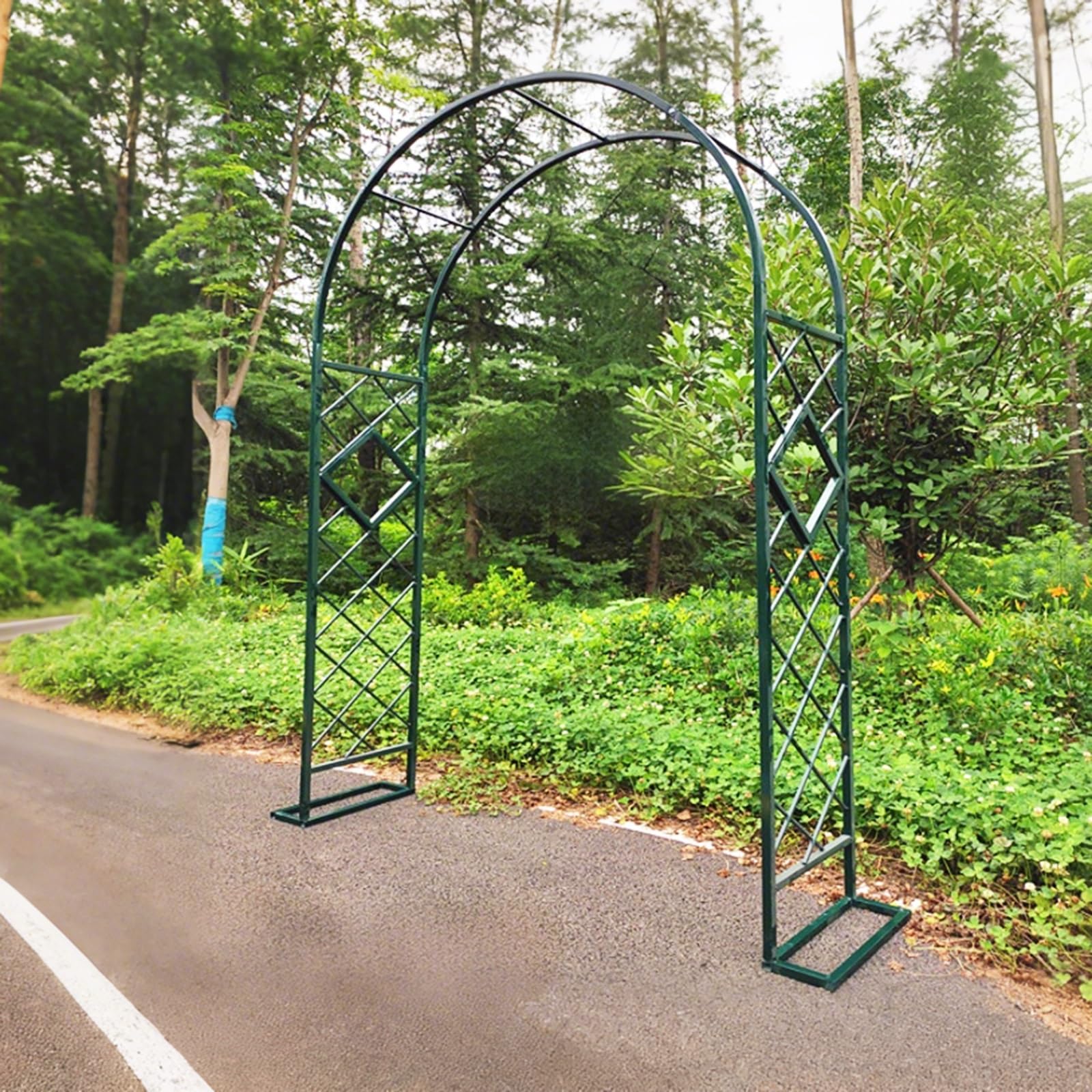 Wytrzymały metalowy łuk ogrodowy 230 cm do 269 cm, regulowana krata, do pnących roślin i winorośli, odporna na warunki atmosferyczne, pergola z 2 podstawowymi wspornikami, zielona szer. 140 x wys. 106