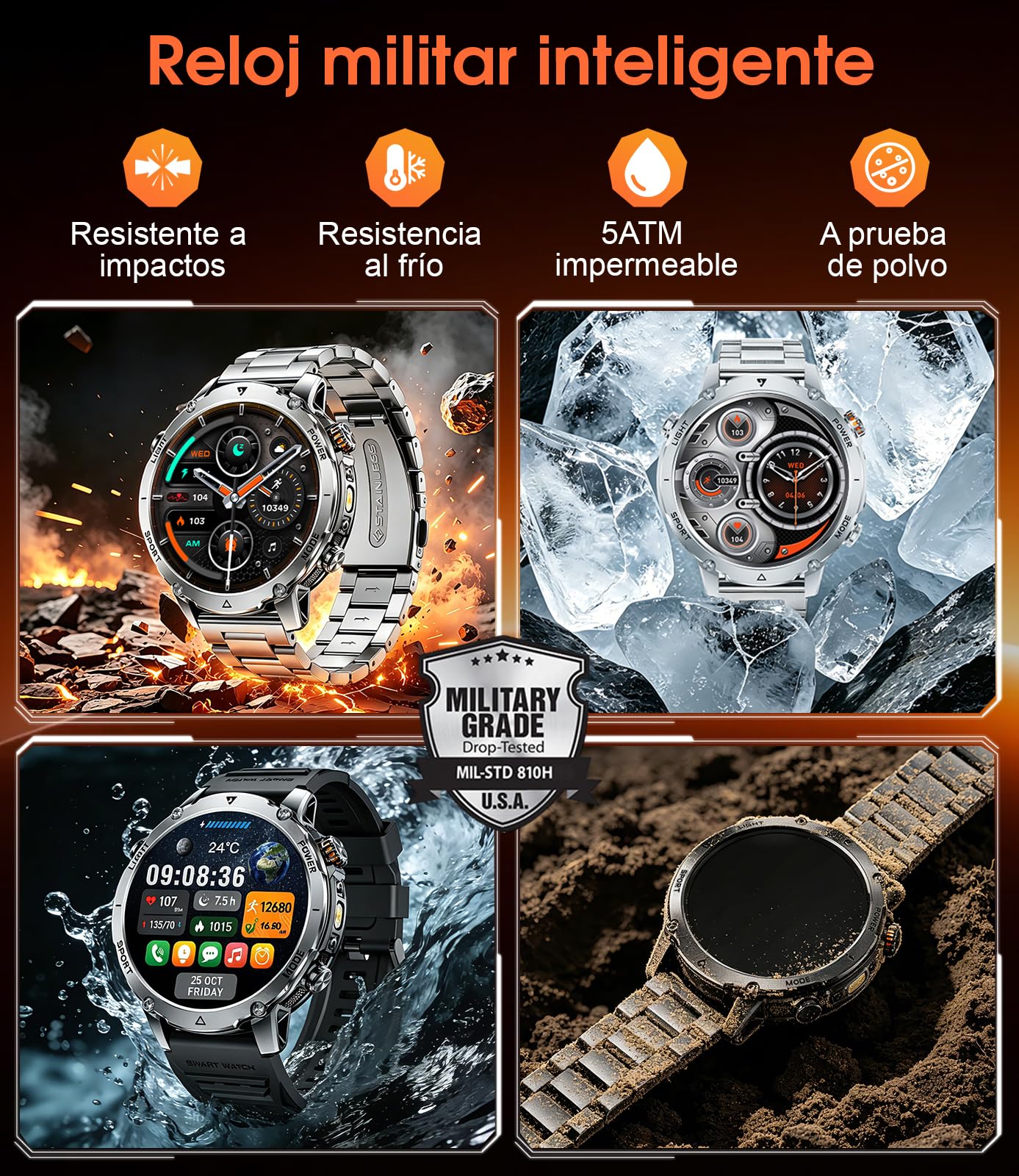 LIGE Reloj Inteligente Hombre 1400mAh Larga Duración, 1.7" Smartwatch Militar con Linterna LED, Llamadas Bluetooth, 120+ Deportes, Impermeable, Frecuencia Cardíaca,Android iOS,2 Cargadores,EF26-C