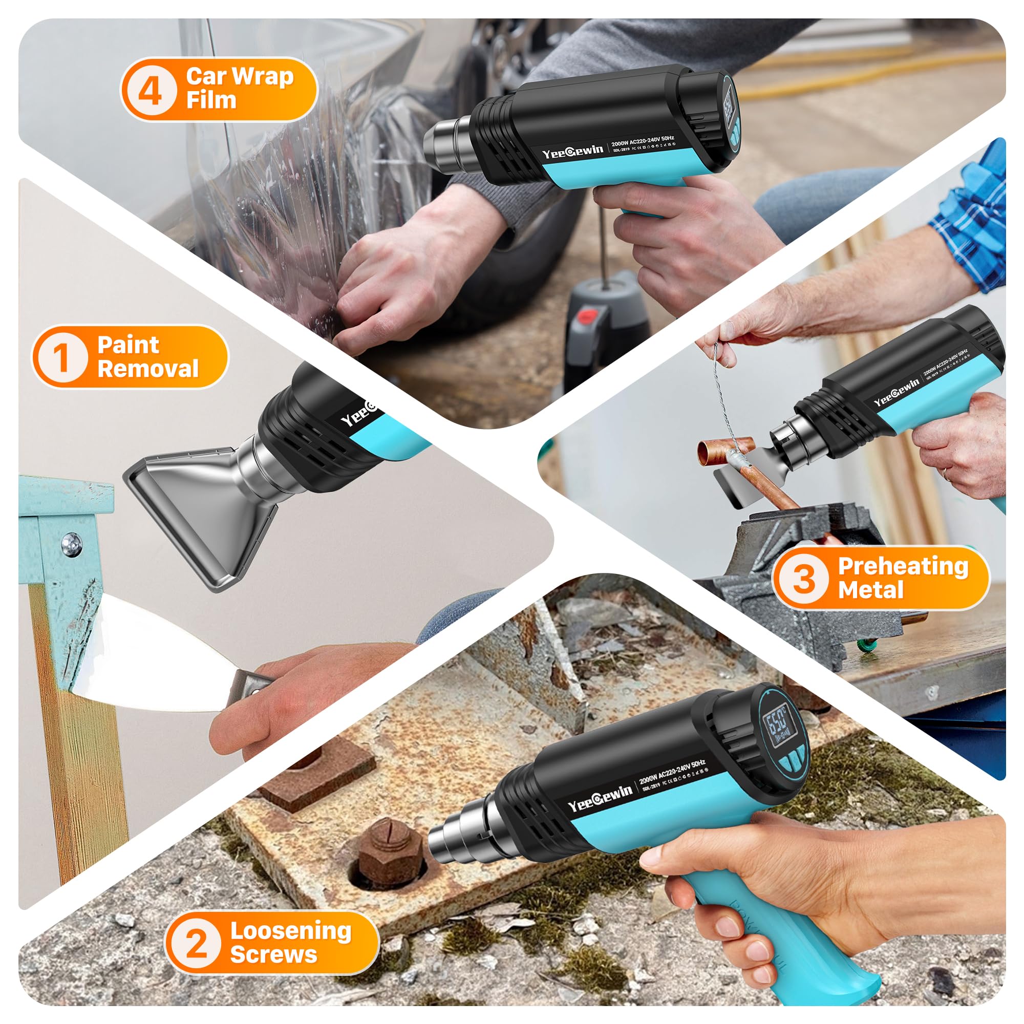 Décapeur Thermique 2000W, Température Variable de 50-650 ℃ avec Écran LCD et Protection Contre les Surcharges, Pistolets à Air Chaud Pour le Décapage de Peinture et le Thermorétractable