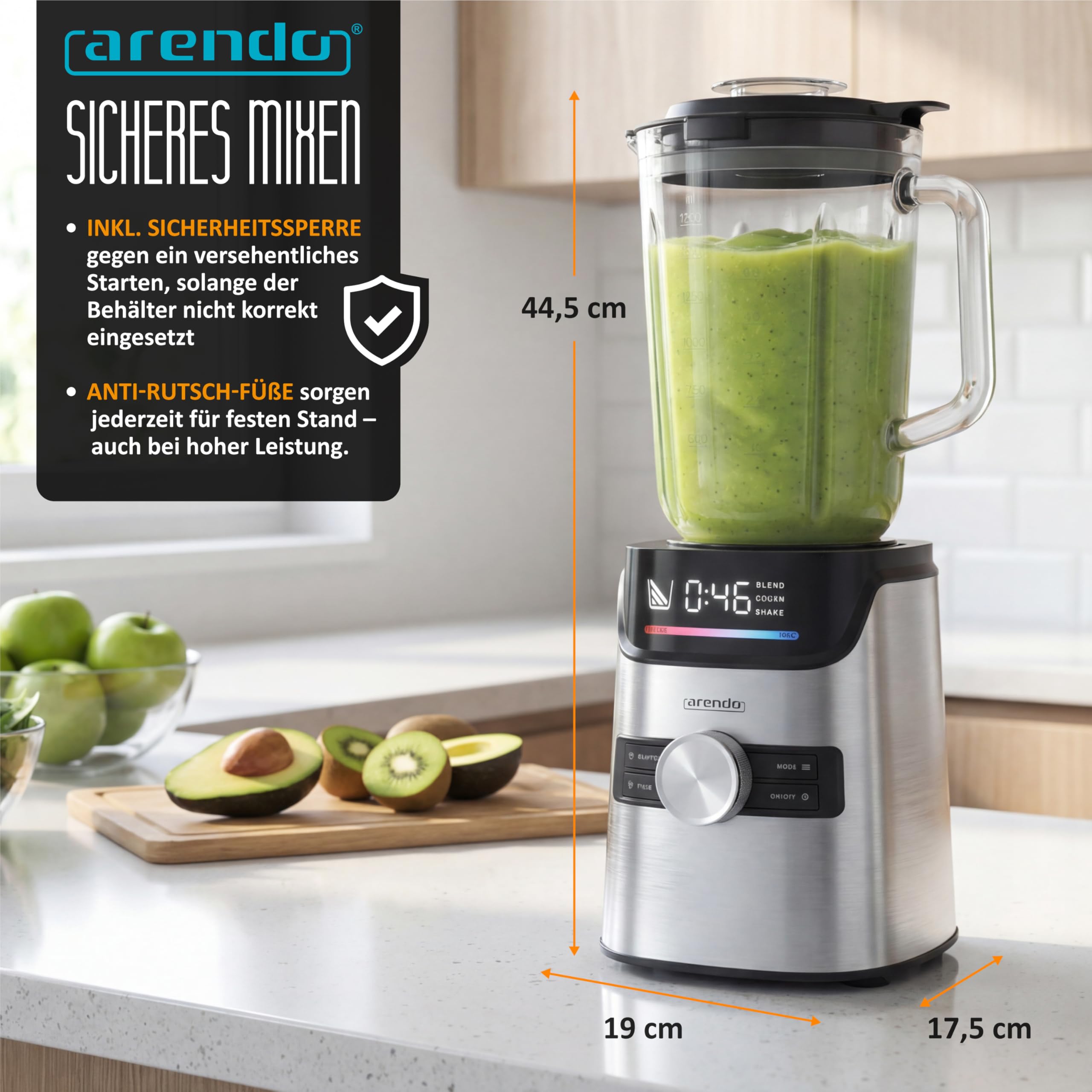 Arendo – Standmixer Glas 1400 W – Hochleistungsmixer - 1,7 L Fassungsvermögen – Mixbehälter aus Glas - Glasbehälter – hochwertige Edelstahl-Messereinheit – 3 voreingestellte Programme