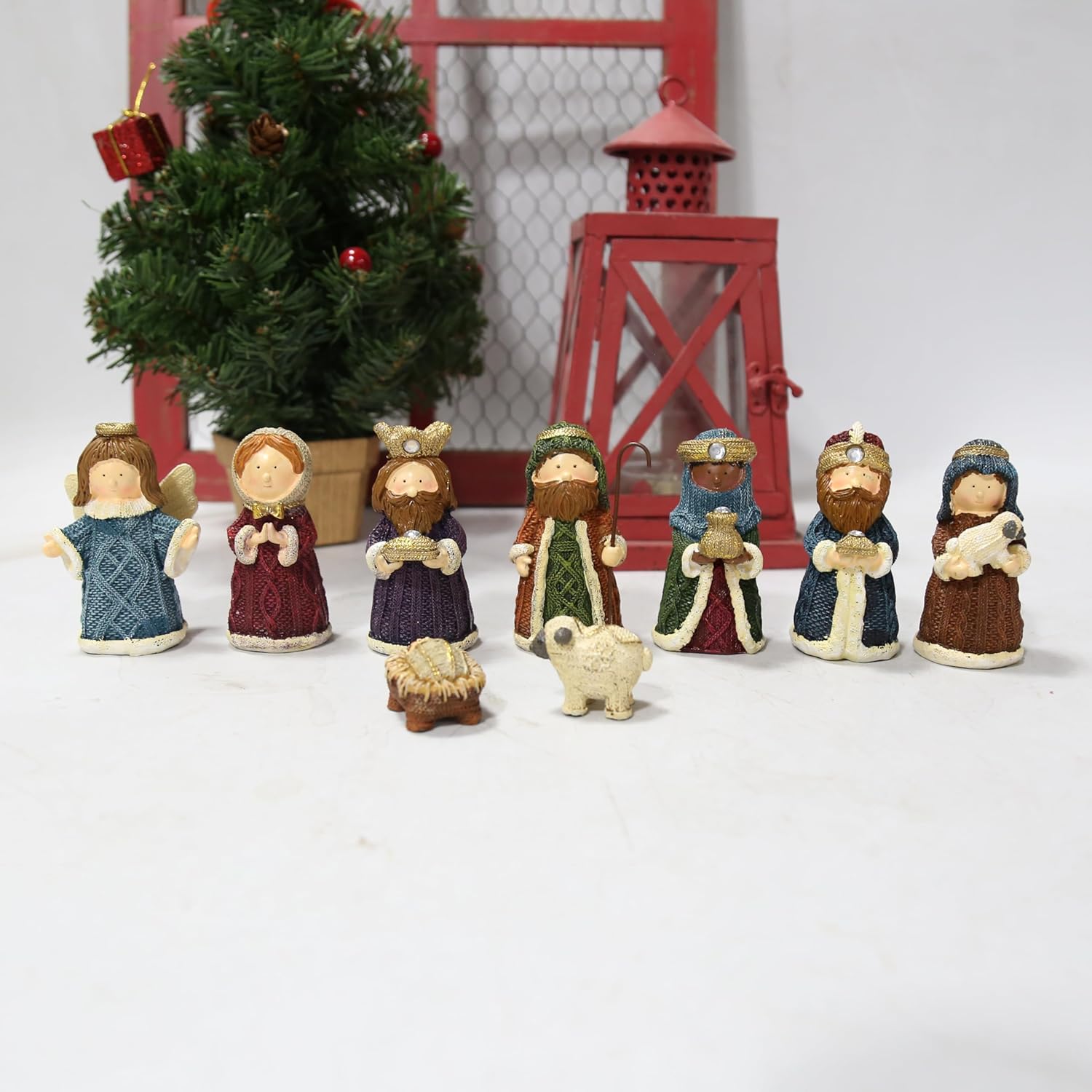 Nativity Set 9-Piece Holy Family - Stable Base Faux Knit Resin Figurines for Shelves, Nightstands, Christmas & Easter Decor