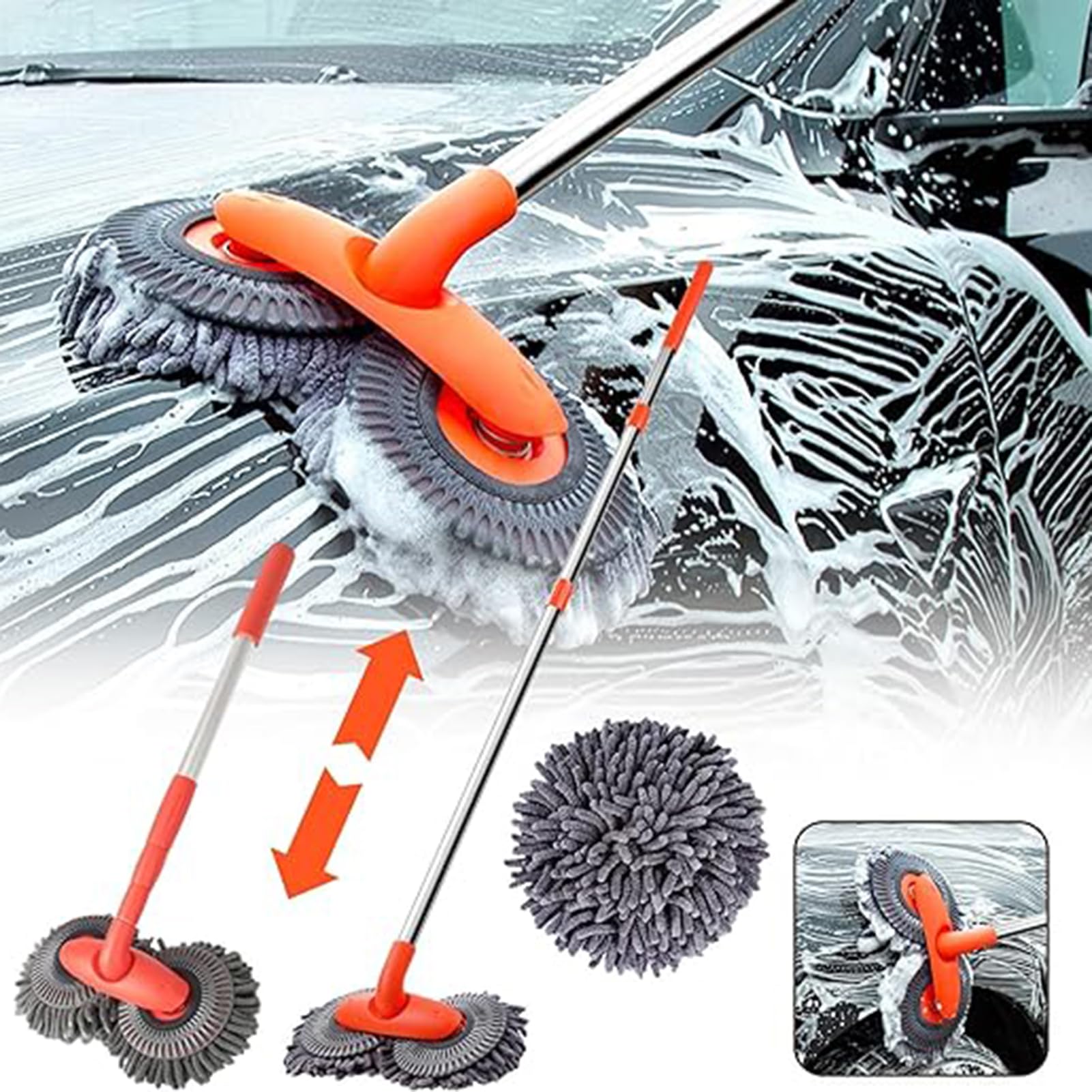 Car Wash Brush with Long Handle, Chenille Car Wash Mop Scratch-Free Soft Bristles, Car Cleaning Mop for Car Truck, Adjustable Length