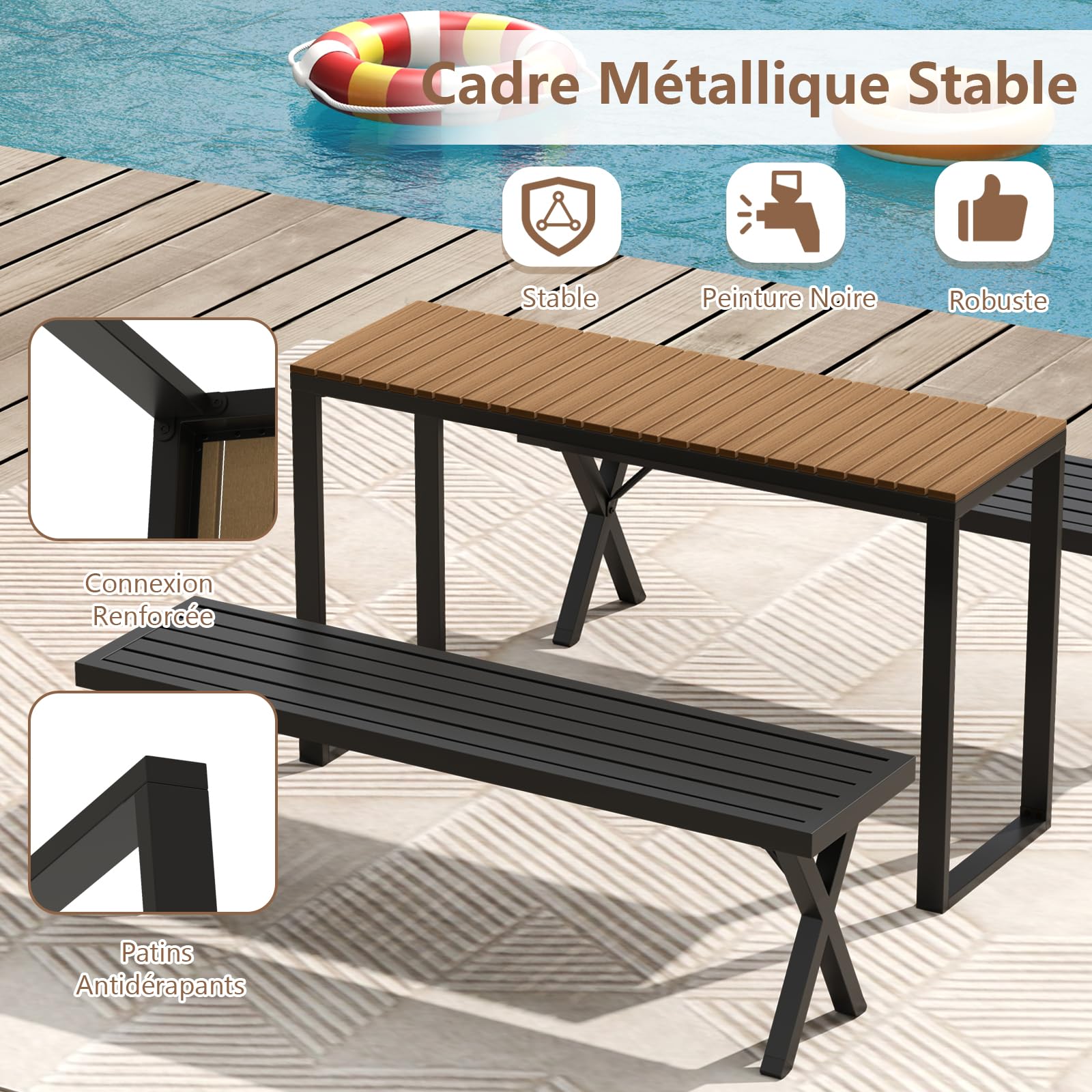 GOPLUS Table Bar Exterieur, Table Haut Extérieur, Console Jardin Exterieur Structure Résistante en Métal, Plateau à Lattes Empêchant l'Accumulation d'eau, Cour et Terrasse, Charge 60KG, 129x42x75CM