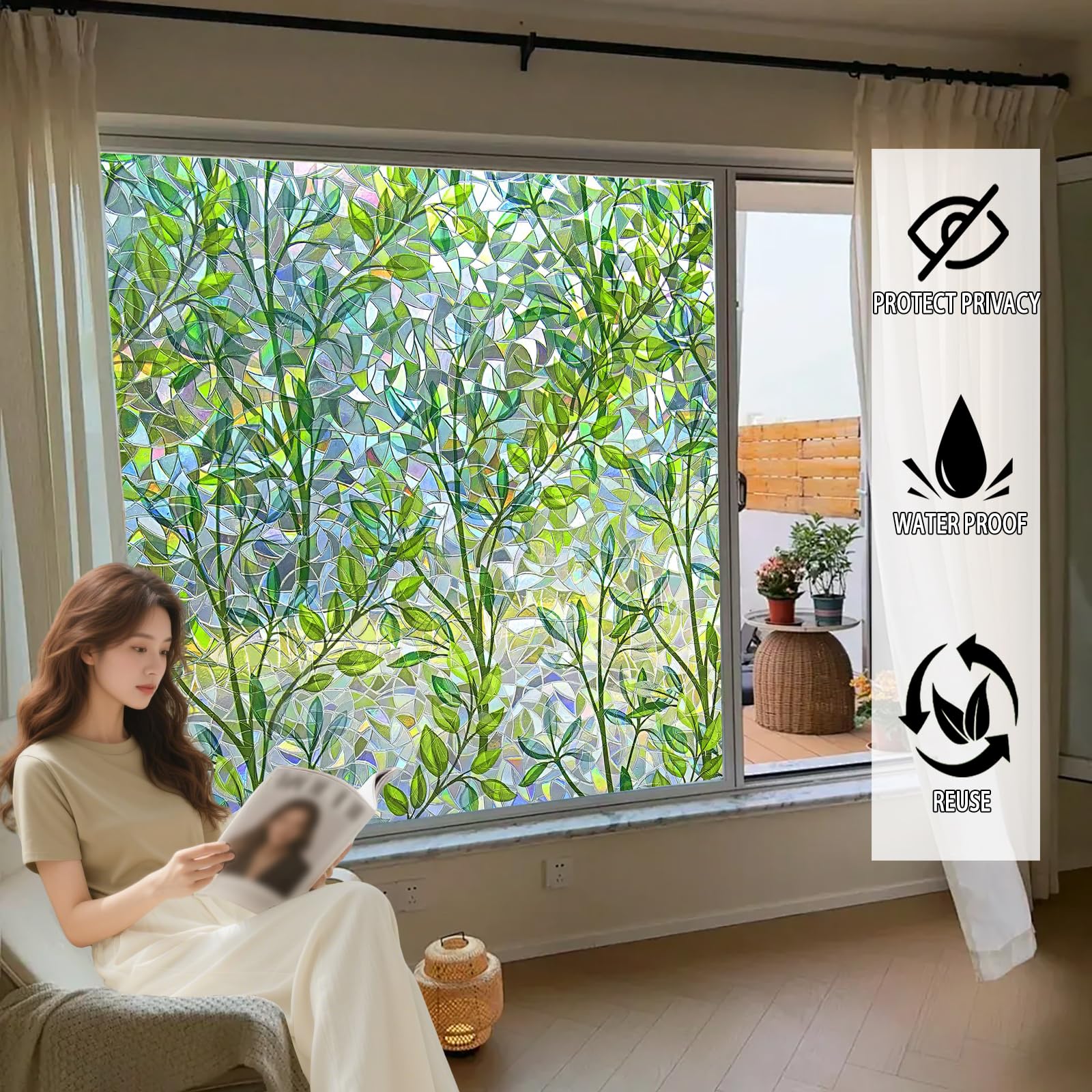 Fensterfolie Blickdicht 80 x 180 cm Selbstklebend, Hitzeschutz, Anti Uv, Sonnenschutz, Wiederverwendbar, Ohne Klebstoff Thermofolie Fenster Gegen Hitze für Zuhause, Blätter
