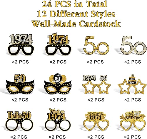 Miniatura 2 de Turypaty 24 gafas de papel para decoración de cumpleaños número 50 de 1974 para hombres y mujeres, lentes de papel de feliz cumpleaños de 50 años,