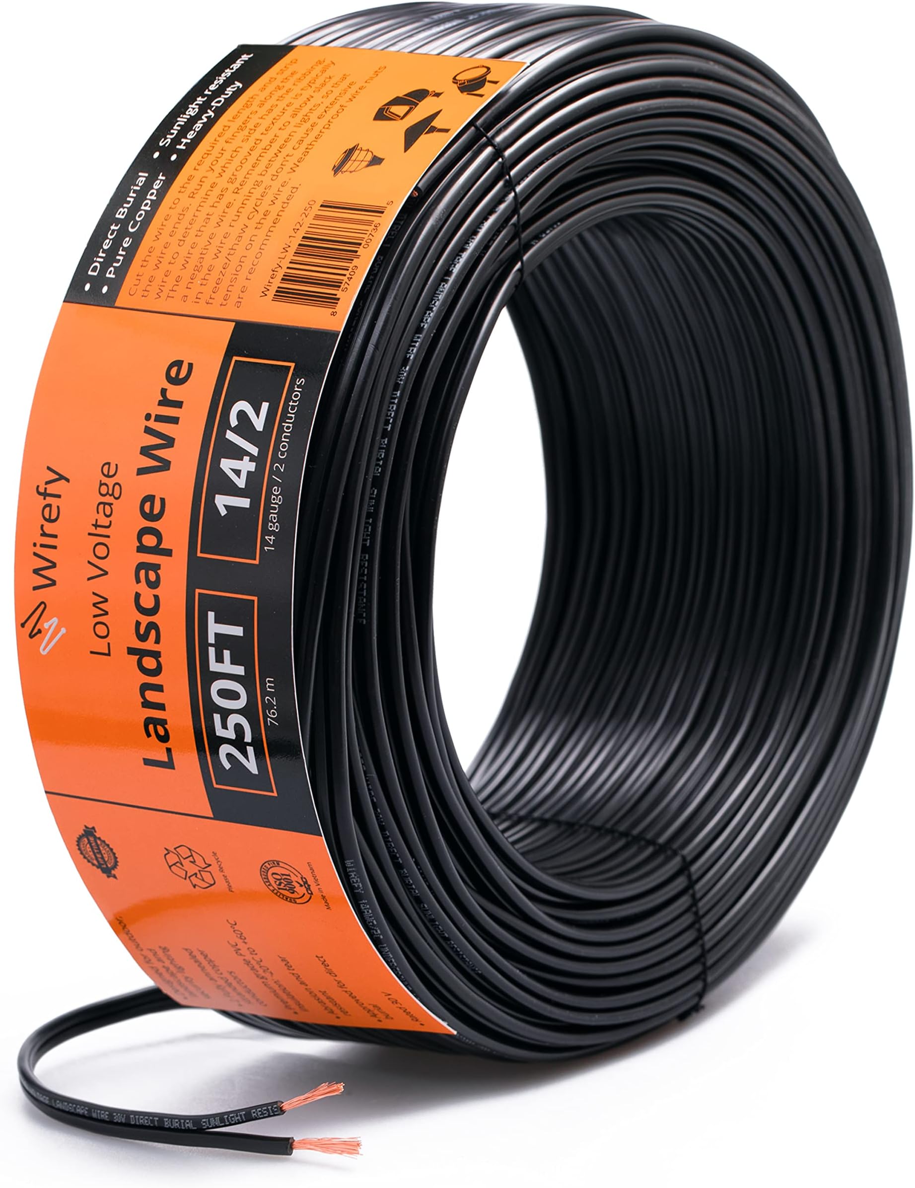 Wirefy 14/2 Low Voltage Landscape Wire 250 ft | Low Voltage Landscape Lighting Wire | Pure Copper | Outdoor Direct Burial | 14-Gauge 2-Conductor 250 Feet