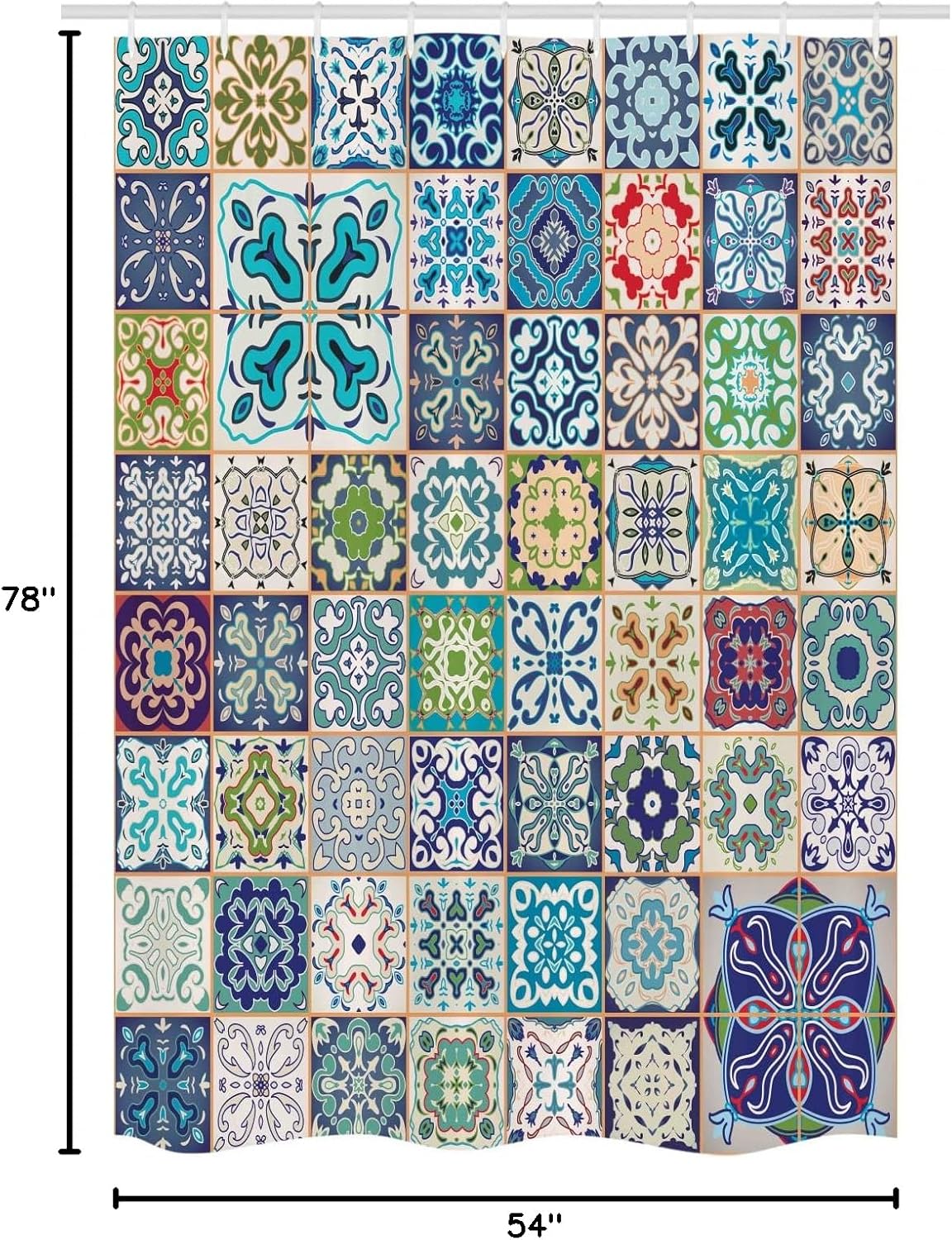 Ambesonne Moroccan Stall Shower Curtain, Floral Patchwork Design Mediterranean Symbolic Artisan Work, Fabric Bathroom Decor Set with Hooks, 54" W x 78" L, White Cadet Blue Multicolor