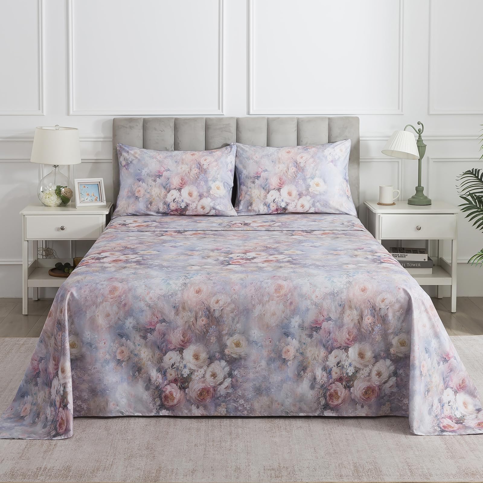 Vintage Floral Percale Sheets, Queen 100% Cotton Shabby Chic Sheet Set, Soft Crisp Purple Flower Bed Sheets, Cozy House Bedding, Deep Pocket Fitted Sheet, White Pink Rose Patterned, 4Pcs