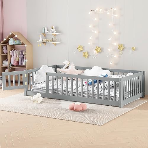 Harper & Bright Designs Base de cama individual con valla alta de seguridad, cama Montessori de madera con puerta, camas de piso de tamaño
