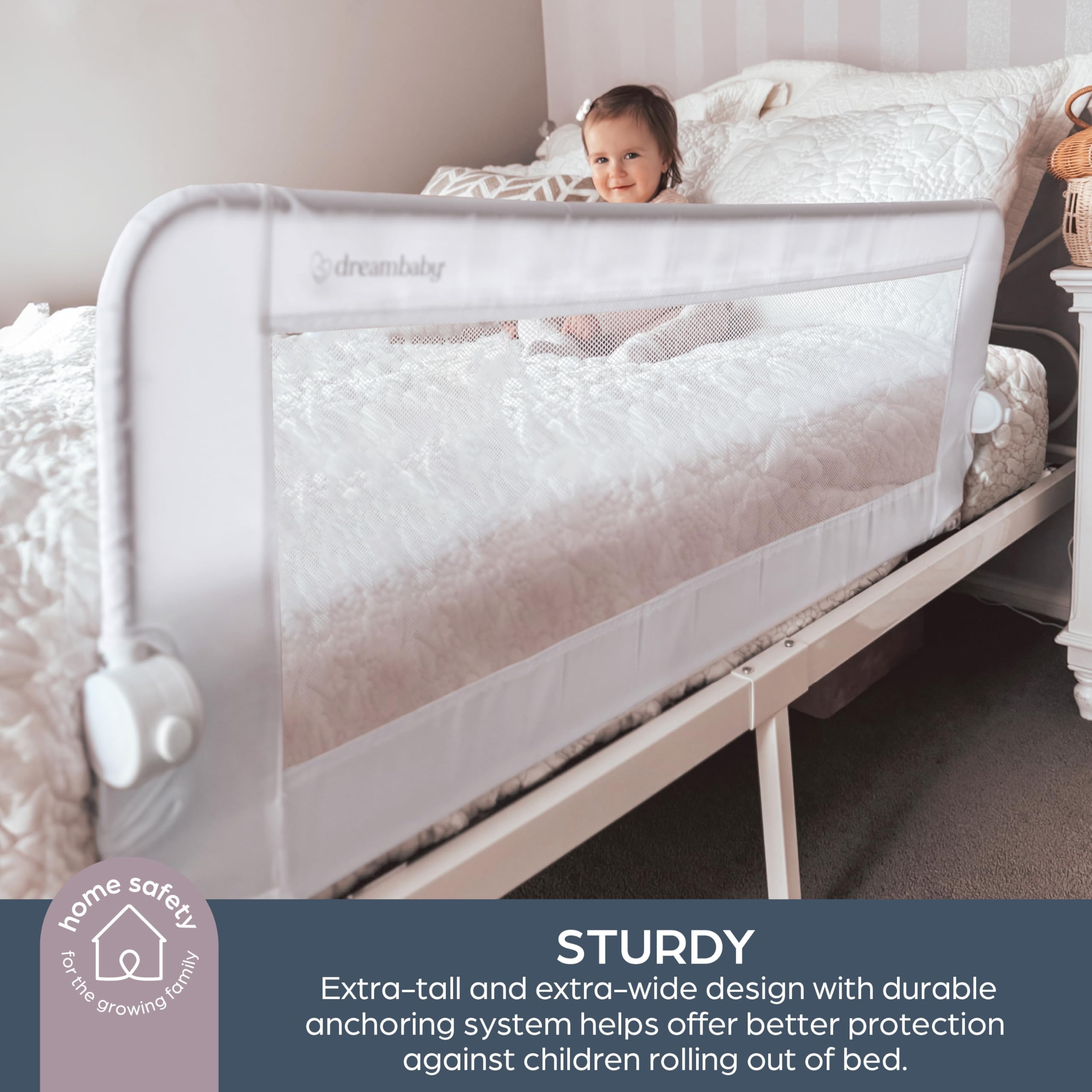 Dreambaby Nicole Barrière de lit pour Tout-Petits – Extra Large 150 cm et 50 cm de Haut – Assemblage Facile, Housse Lavable, Transition sûre du Berceau au lit – Convient aux Lits King Size – Blanc