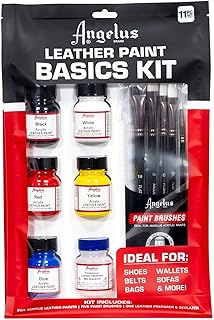 Angelus Leather Paint Kit- Basics Starter Kit Includes 5 Paints, Preparer Deglazer, & 5 Piece Paint Brush Set