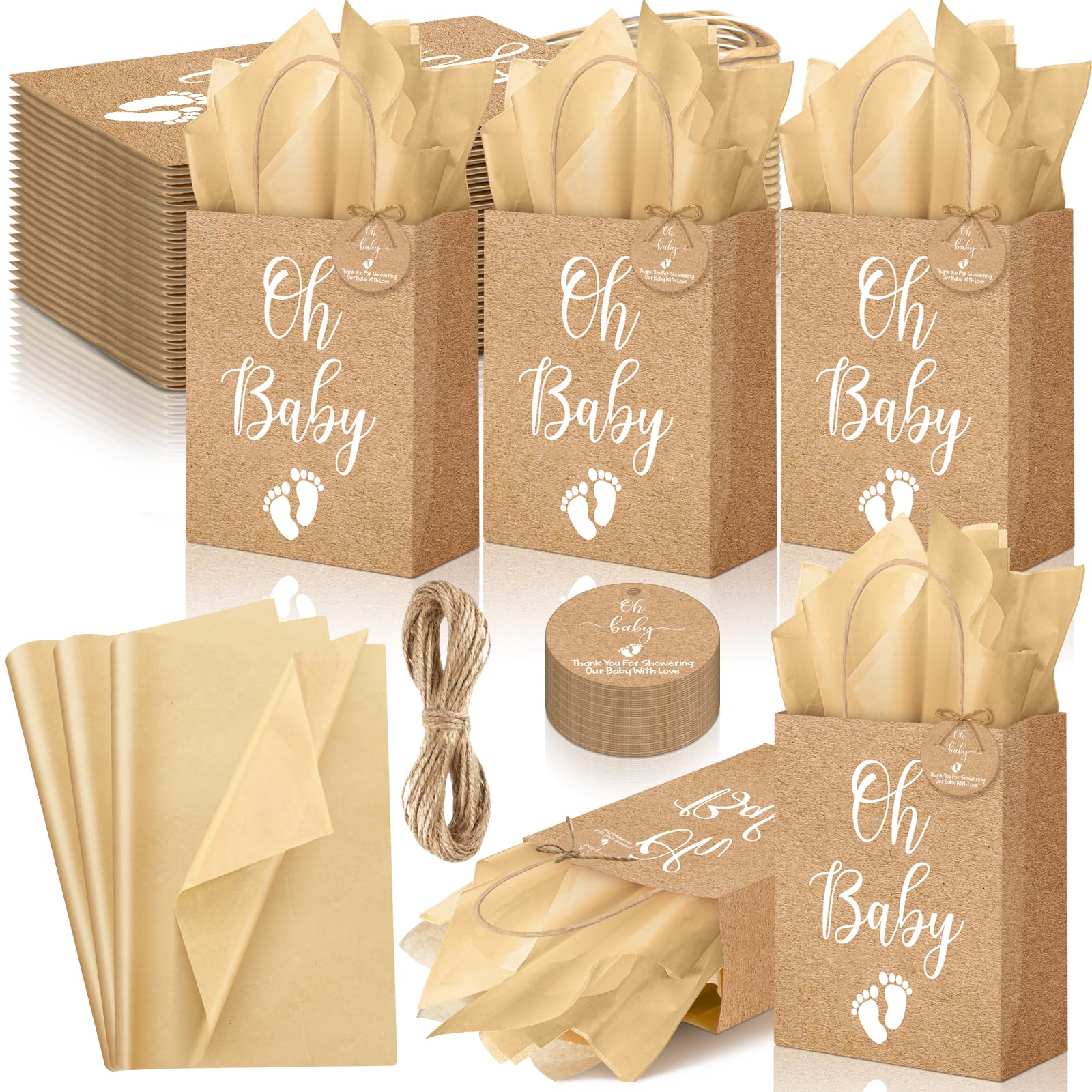 Saypacck 50 Pack Rustic Kraft Baby Shower Gifts Bag with Tissue Papers Baby Shower Paper Bags with Handle and 50 Tissue Tags Twine for Guests Gifts