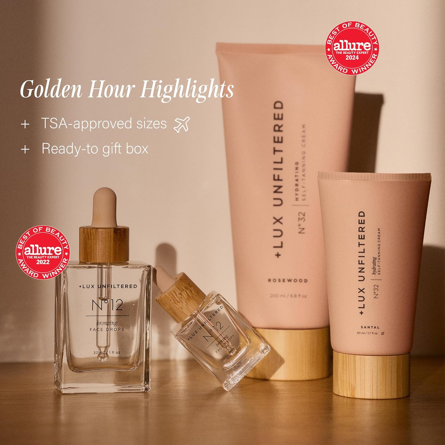 + Lux Unfiltered Mini Golden Hour Set - Includes Best Sellers N°32 Gradual Self Tanner Santal 1.7 fl oz & N°12 Face Tanning Drops 0.27 fl oz - Trial Size Self Tanner - Vegan & Cruelty Free - Image 2