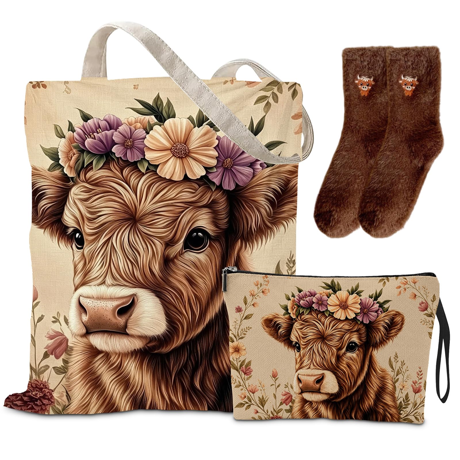 ZENITHYX 3Pcs Highland Cows Gifts Set for Women, Highland Cow Tote Bag with Makeup Bag and Socks for Women Girls Auntie Mum Wife Friends Sister Colleagues