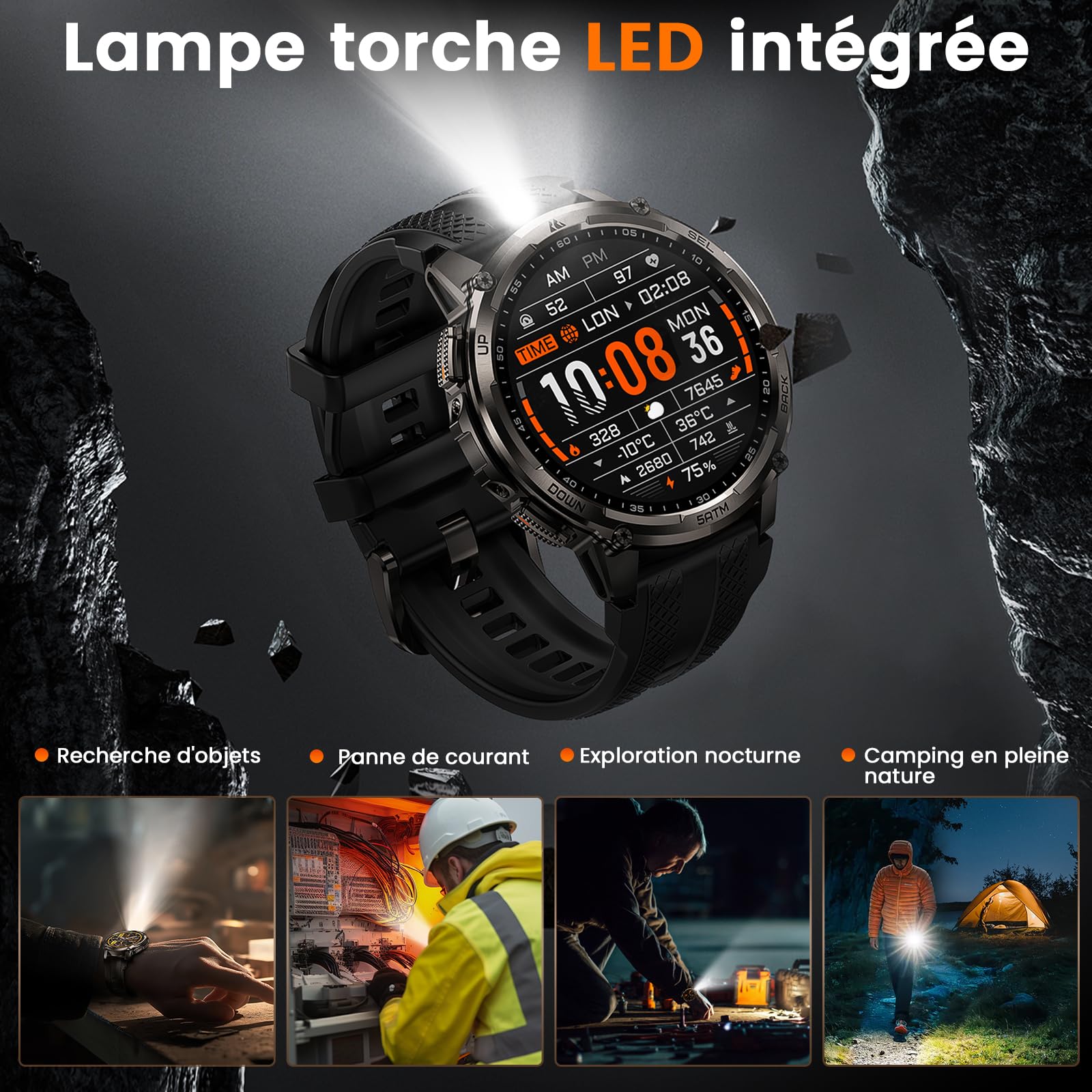 KOSPET Tank T4C GPS Montre Connectée Homme, Lampe Torche LED, Talkie-Walkie | Étanche 5 ATM et IP69K, 1,5'' AMOLED, Autonomie 15 jours, Suivi de Santé & Sommeil, 170+ Mode Sport, Compatible Android & iOS