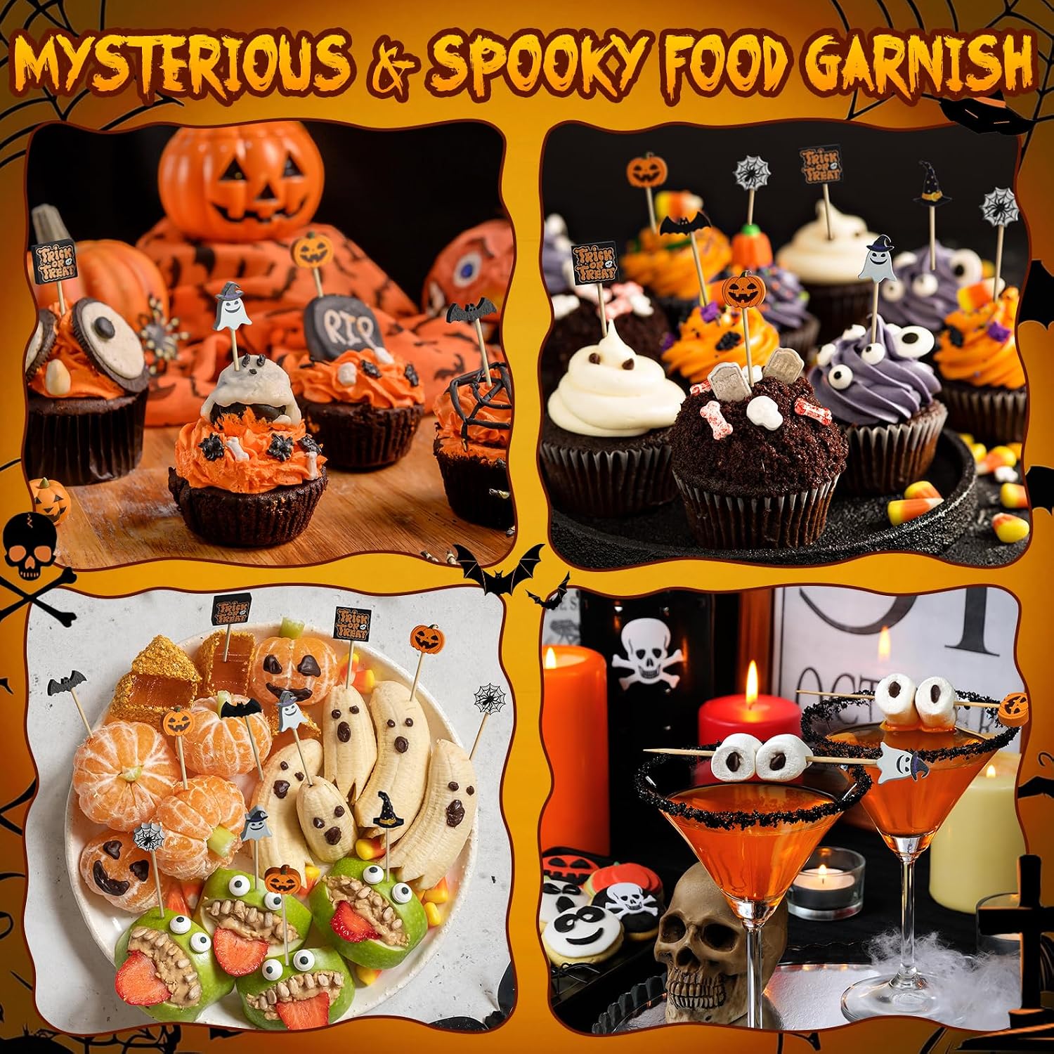 Halloween Cocktail Picks, 6 Styles Bamboo Toothpicks for Appetizers, 4.7 IN