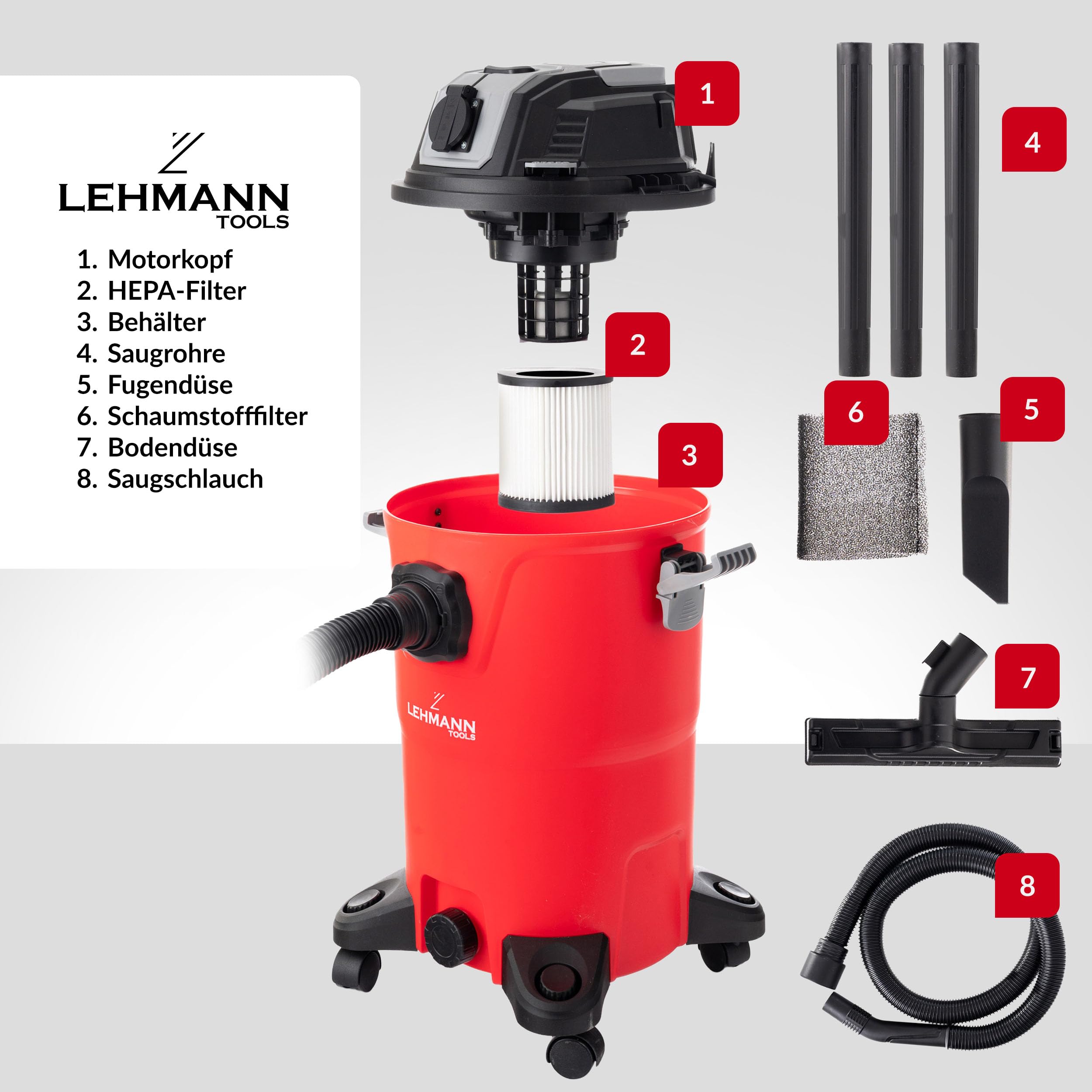 LEHMANN Industriestaubsauger mit Steckdose 2000 W, 30 L Nass Trockensauger ohne Beutel, HEPA-Filter, Schaumfilter & Filterrüttler, Blasfunktion, Werkstattsauger für Werkstatt und Baustelle, Rot