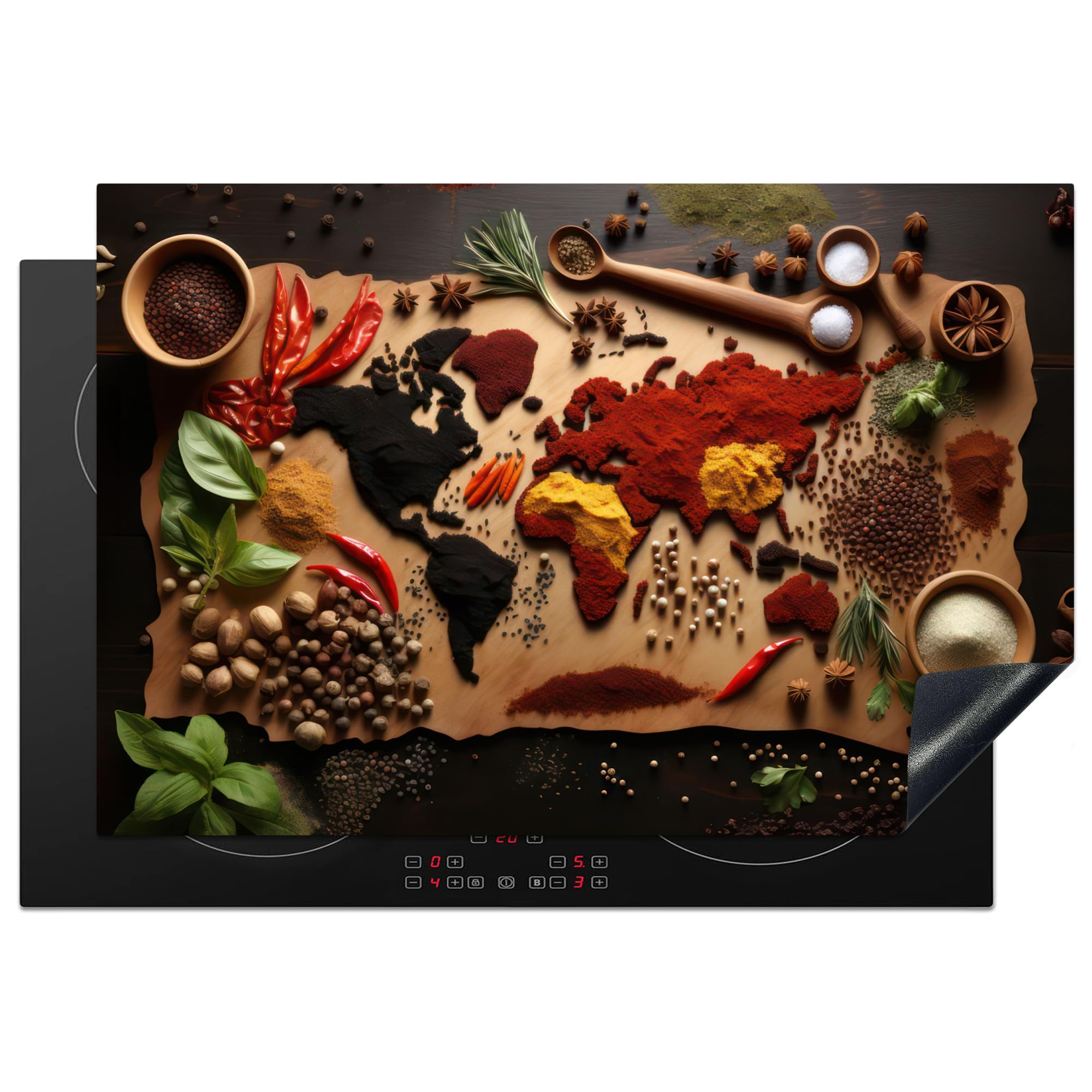 KitchenYeah© Induction Hob Protector Mat 20.3"x29.9" / 76x51.5 cm Stove Cap Top Cover Kitchen Cooker Covers for Electric Hobs Vinyl Herbs - Spices - World Map - Brown - Spoon - Colourful — image 1