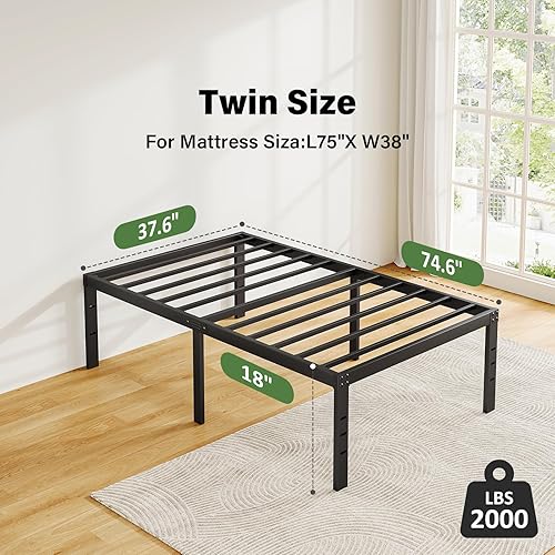 Miniatura 3 de Marco de cama individual de 18 pulgadas, no necesita somier, plataforma de metal, fácil montaje, resistente, alto, negro