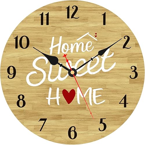WONZOM Small Rustic Wall Clock, Brown Home Sweet Home Decor Clocks, Decorative Battery Operated Silent Wall Clocks for Living Room Kitchen Bathroom Bedroom Farmhouse, 8 Inch