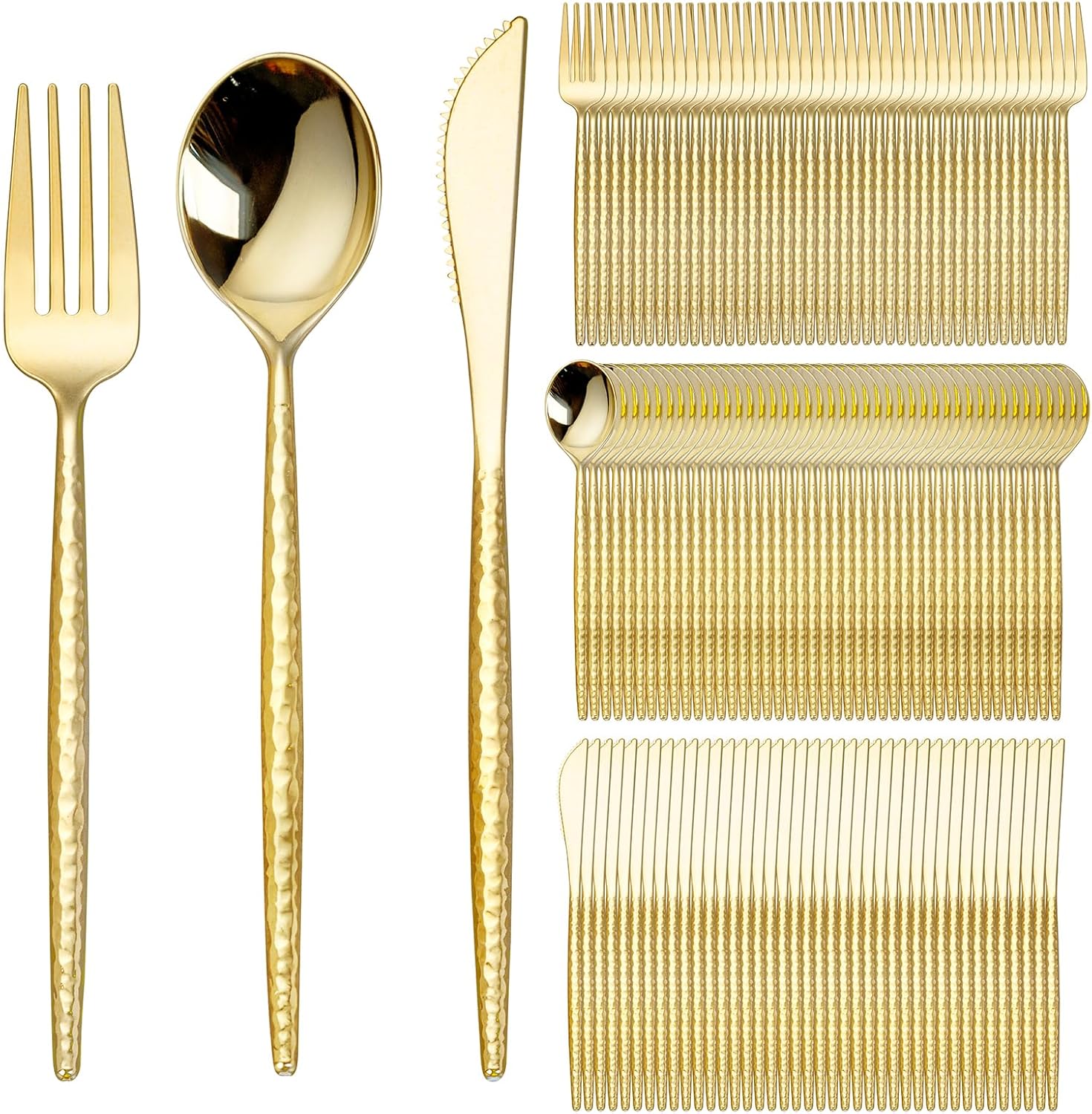 SUT 300PCS Gold Plastic Silverware, Gold Plastic Utensils, Heavy Duty Plastic Silverware, Plastic Cutlery, Includes:100 Knives, Forks and Spoons, Birthday, Wedding, Hammered Silverware Set