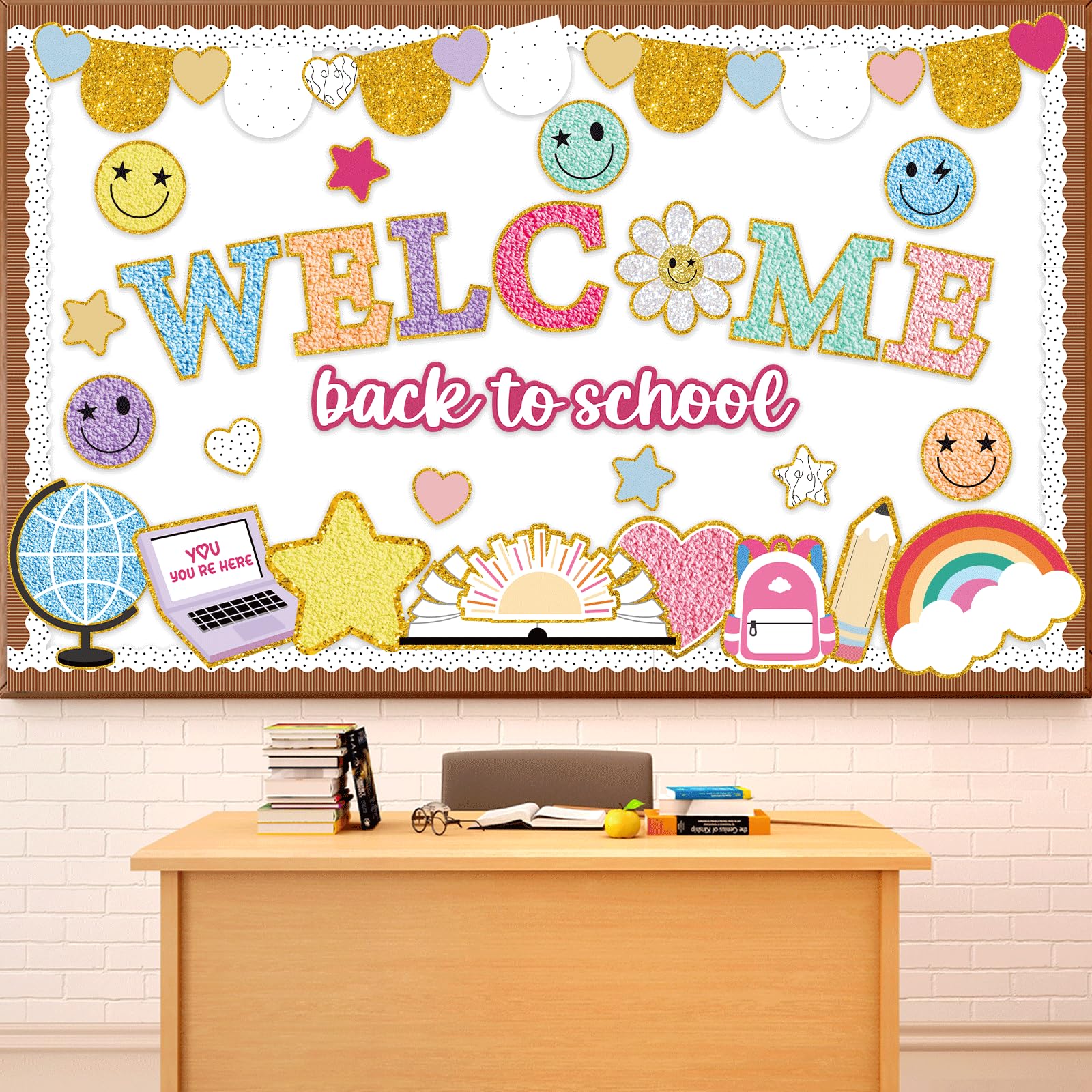 Welcome Back to School Bulletin Board Set Boho Groovy Classroom Decorations Colorful Preppy Face Paper Cutouts for Classroom Nursery Chalkboard