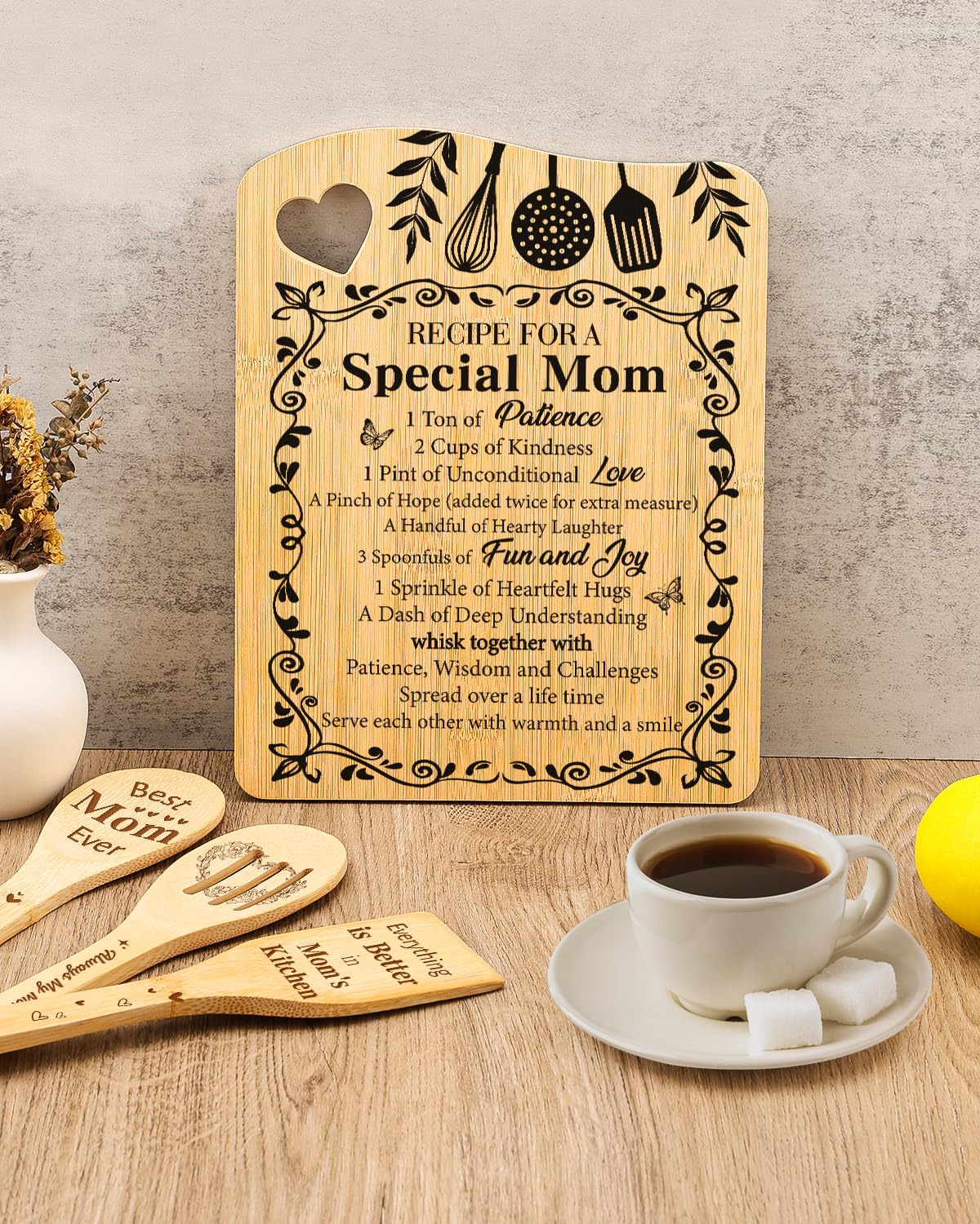Regalos para mamá, regalos de cumpleaños, regalos del día de San Valentín para mamá, receta para una madre especial, tabla de cortar de bambú, regalo de hija e hijo, regalo de Navidad para