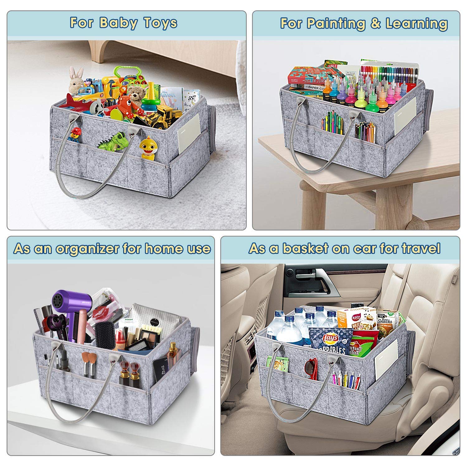 Gimars 2 in 1 Large Baby Caddy Organizer with Changing Pad, Portable Felt Nursery Storage Bin for Diapers Baby Wipe Toys, Car Travel Tote Bag, Bright Light Gray