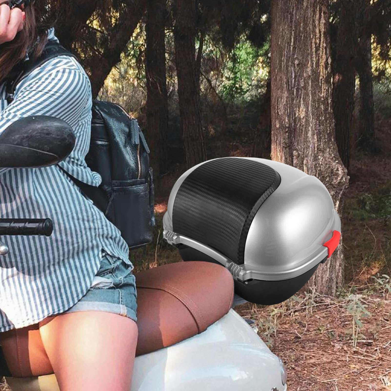 VOSAREA Coffre Arrière Moto Argenté Base et Sangles Grosse Boîte de Rangement Étanche pour Scooter Électrique Top Case Polyvalent pour Transport Bagages et Outils Moto