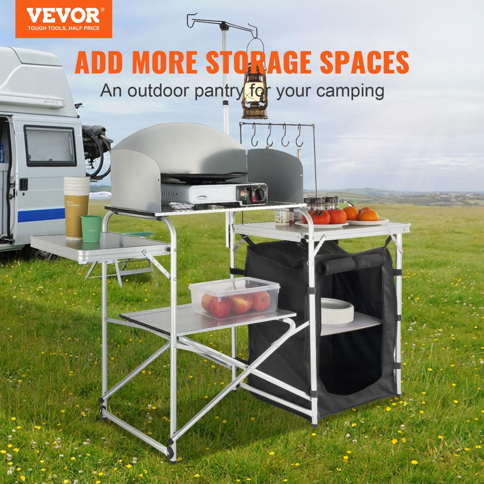 VEVOR Cucina da Campeggio per Cottura Pieghevole Portatile con Parabrezza a 3 Lati Materiale in Alluminio Ferro MDF Dimensioni Estese 146x46x168 cm, Tavolo Pieghevole Portaoggetti da Campeggio per BBQ
