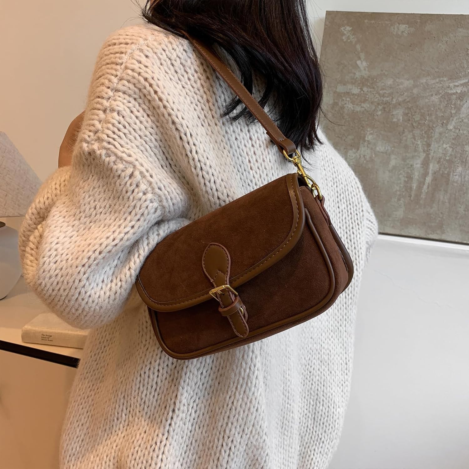 Suede Crossbody Bags for Women Small Suede Purse Retro Shoulder Bag Handbag with Two Straps - Image 3