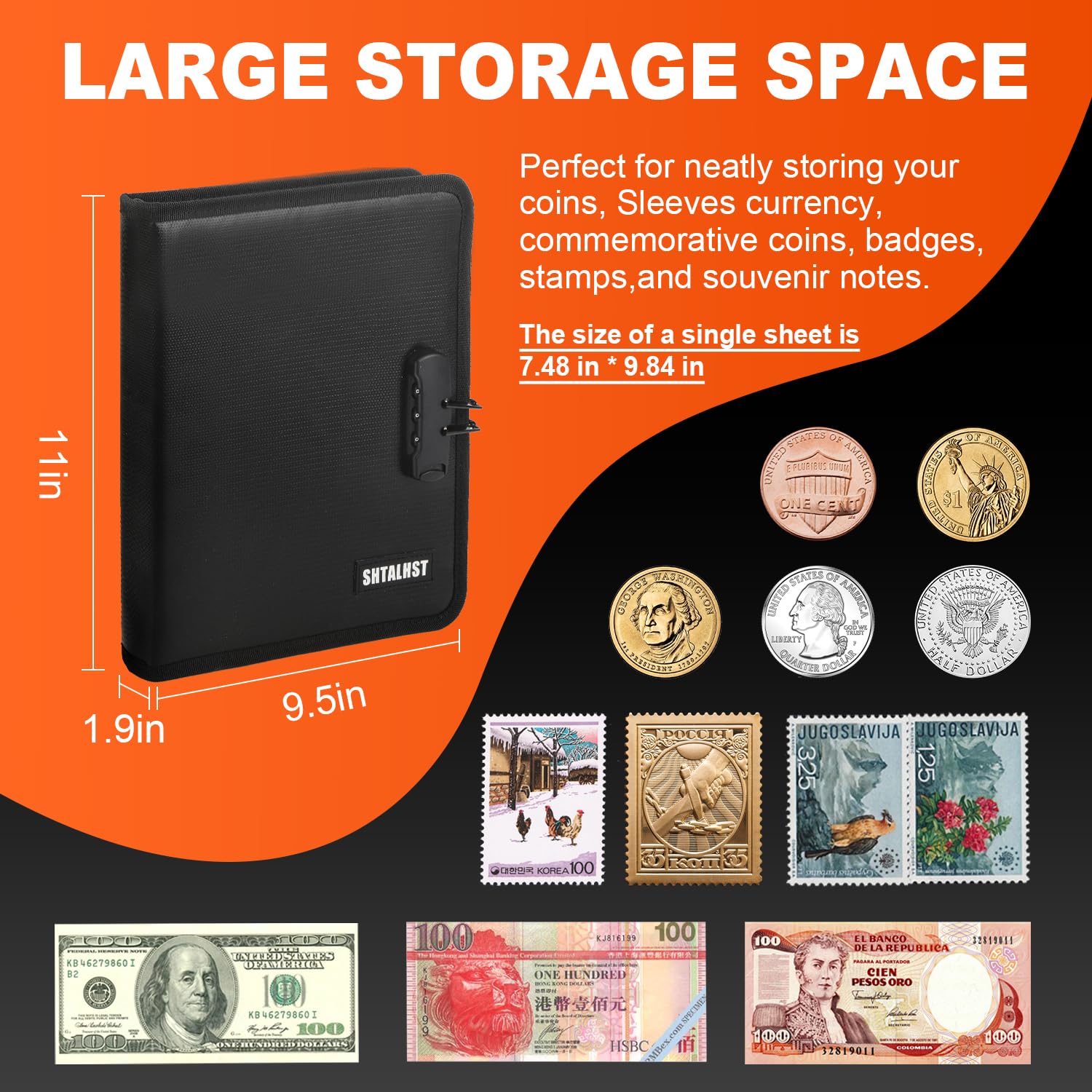 Coin Collection Book with Lock, 520 Pockets Fireproof Coin Collection Holder & 36 Sleeves Currency Storage Case, Coin Binder Organizer Album for Pennies Quarters Stamp Badges