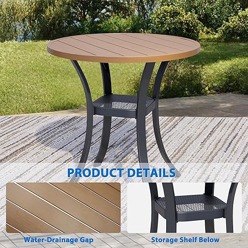 Miniatura 3 de Mesa de patio al aire libre de 27.5 pulgadas con estante de almacenamiento, mesa de jardín redonda de metal resistente de 400 libras, mesa de nogal