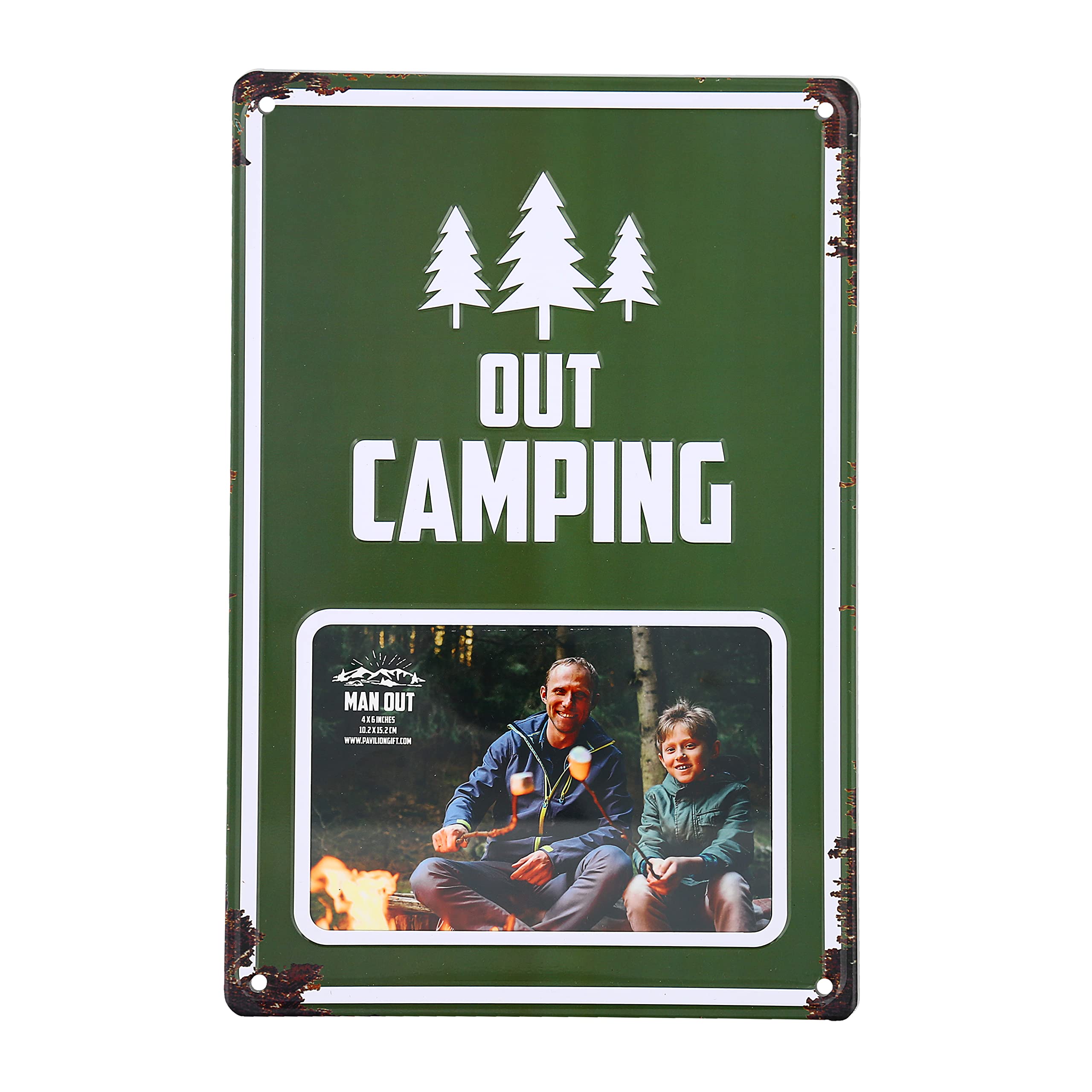 Pavilion - Out Camping Tin Photo Frame (Holds 6 x 4 Photo), Vintage Style License Plate Frame, Tabletop Picture Rustic Frame, Unique Gifts Campers, Cabin Decor, 1 Count (Pack of 1), 8” x 11.75”