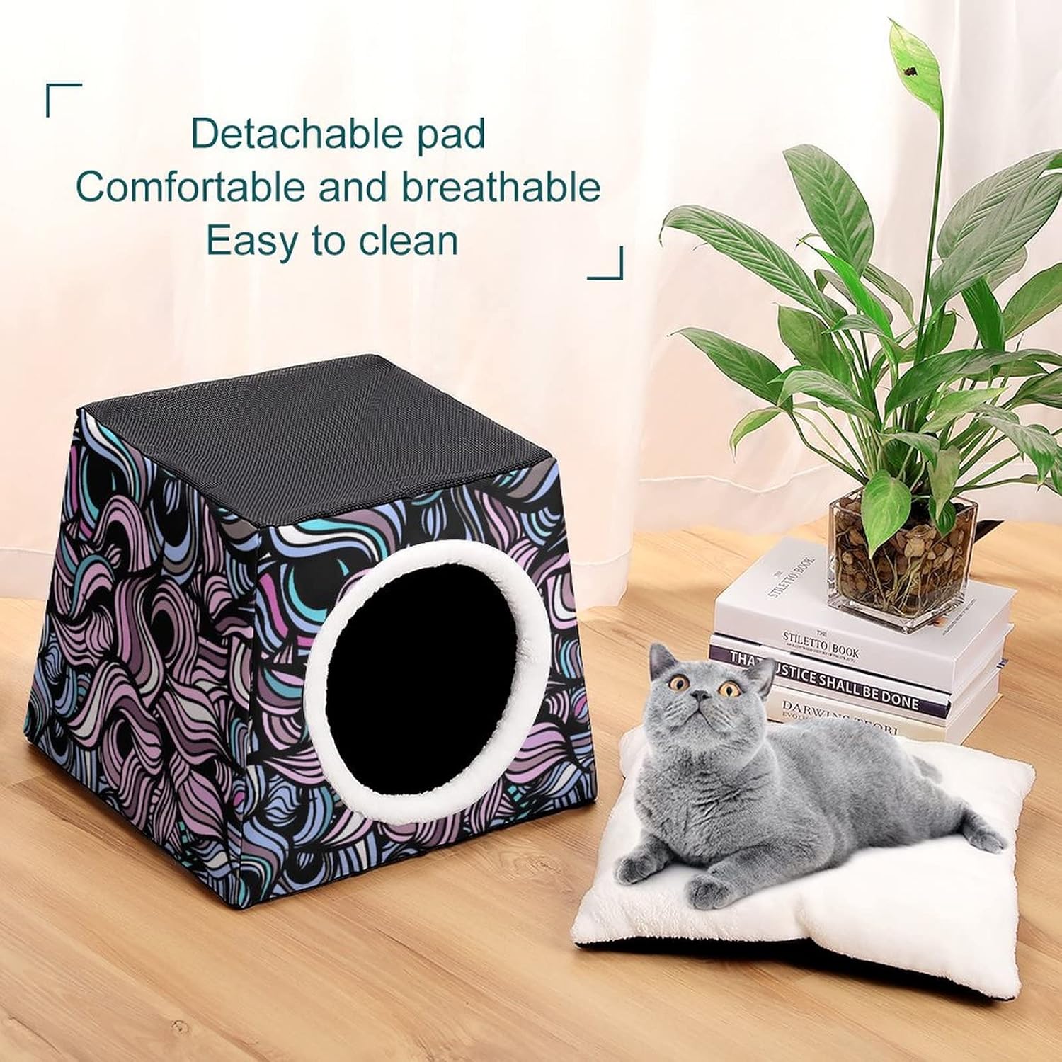 Three-Purpose Cat House Cat Bed Cat Sofa Foldable Cat Shelter Scratching Toy with Removable Cushion Heteromorphic Pattern
