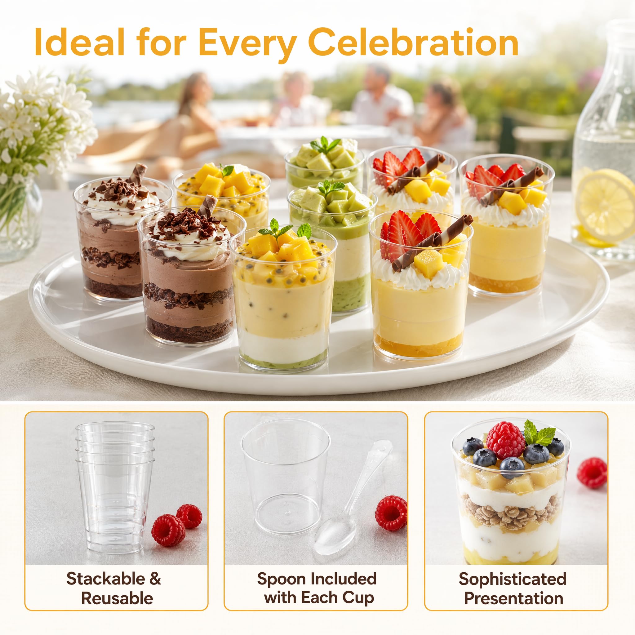 Okllen 100 Stück Mini-Dessertbecher mit Löffeln, 85 ml, runde Schnapsbecher aus Kunststoff, Dessert-Shooter, Vorspeise, Parfait Becher, Schnapsgläser für Schokolade, Puddings, Verkostungsparty