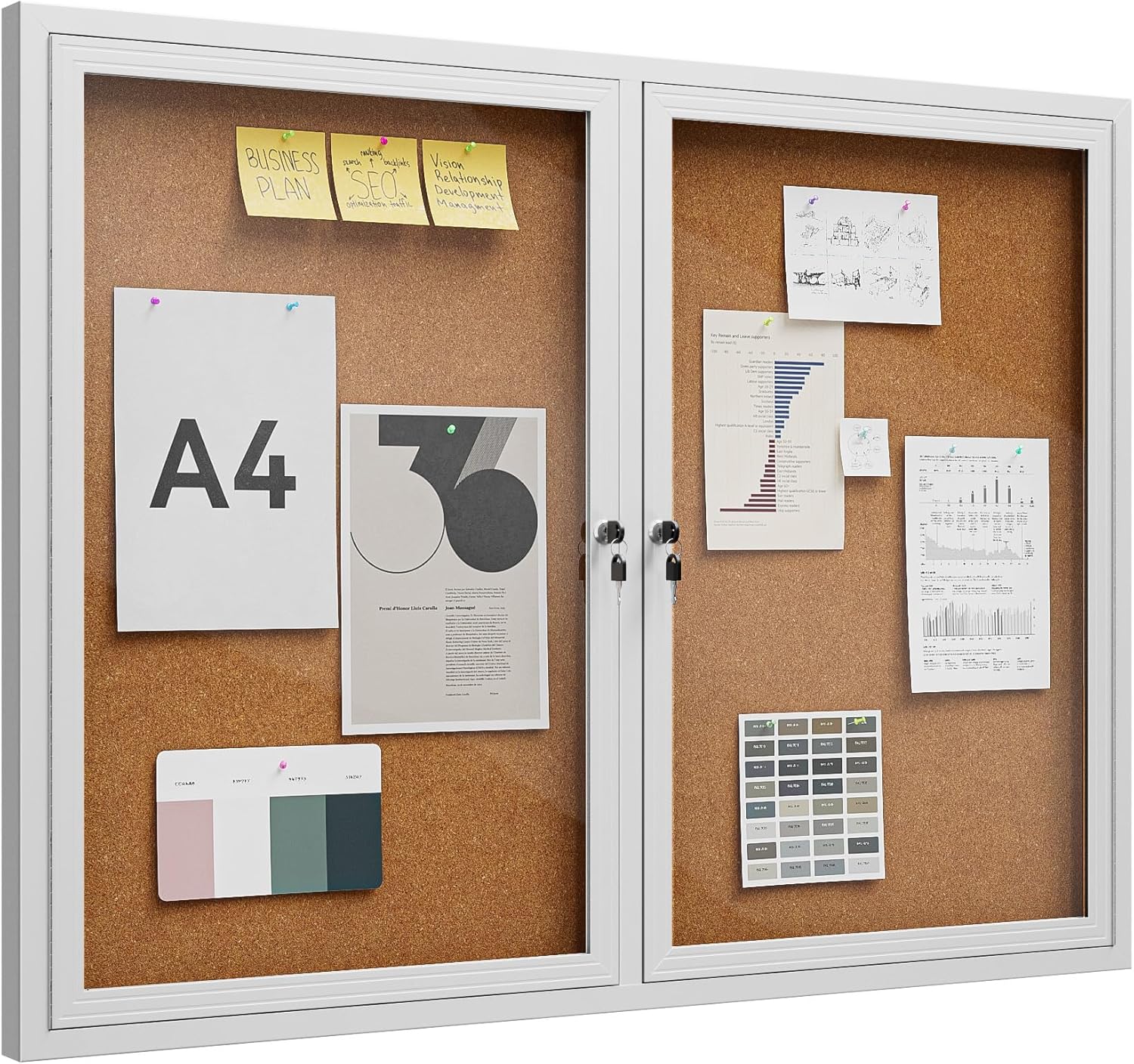 48"x36" Lockable Enclosed Bulletin Board, Outdoor Cork Weather-Resistant Aluminum Frame Notice Board, Wall Mounted Display Case Acrylic Doors for School,Office,Silver Frame w/Cork