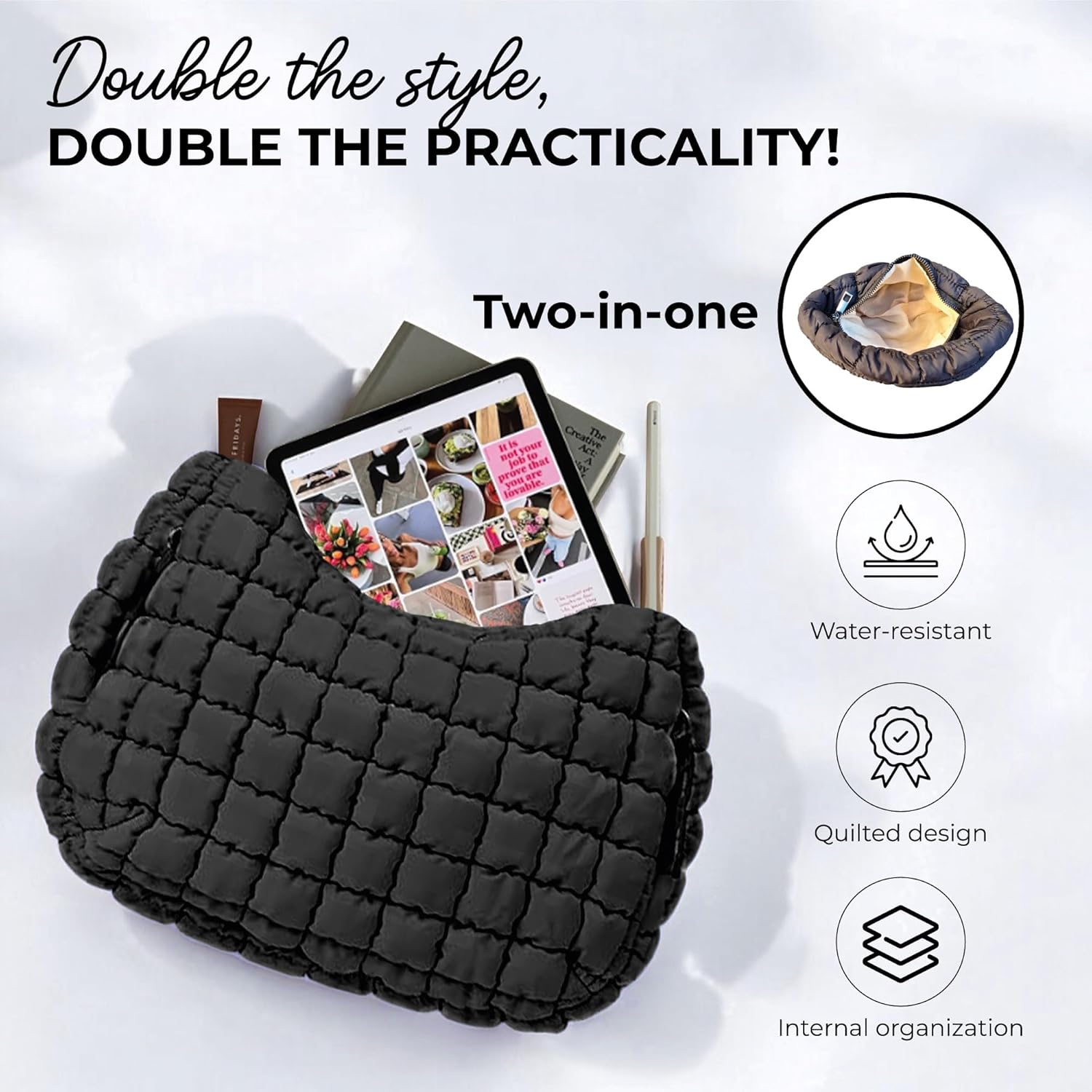 Puffer Tote Bag for Women - Quilted, Puffy, and Trendy Crossbody - Shoulder Bags - Large & Medium Sizes - Free People Bag - Image 4