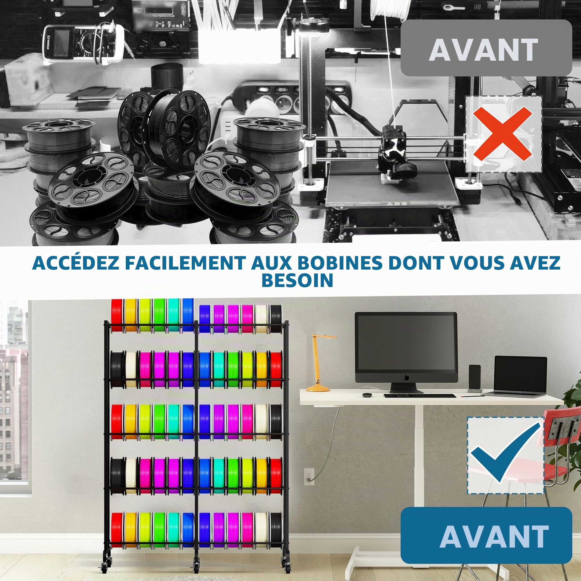 Étagère de rangement à 4 niveaux pour filament d'imprimante 3D, étagère à filament en métal robuste avec roues et pieds réglables, support organisé pour accessoires d'imprimante 3D, peut contenir