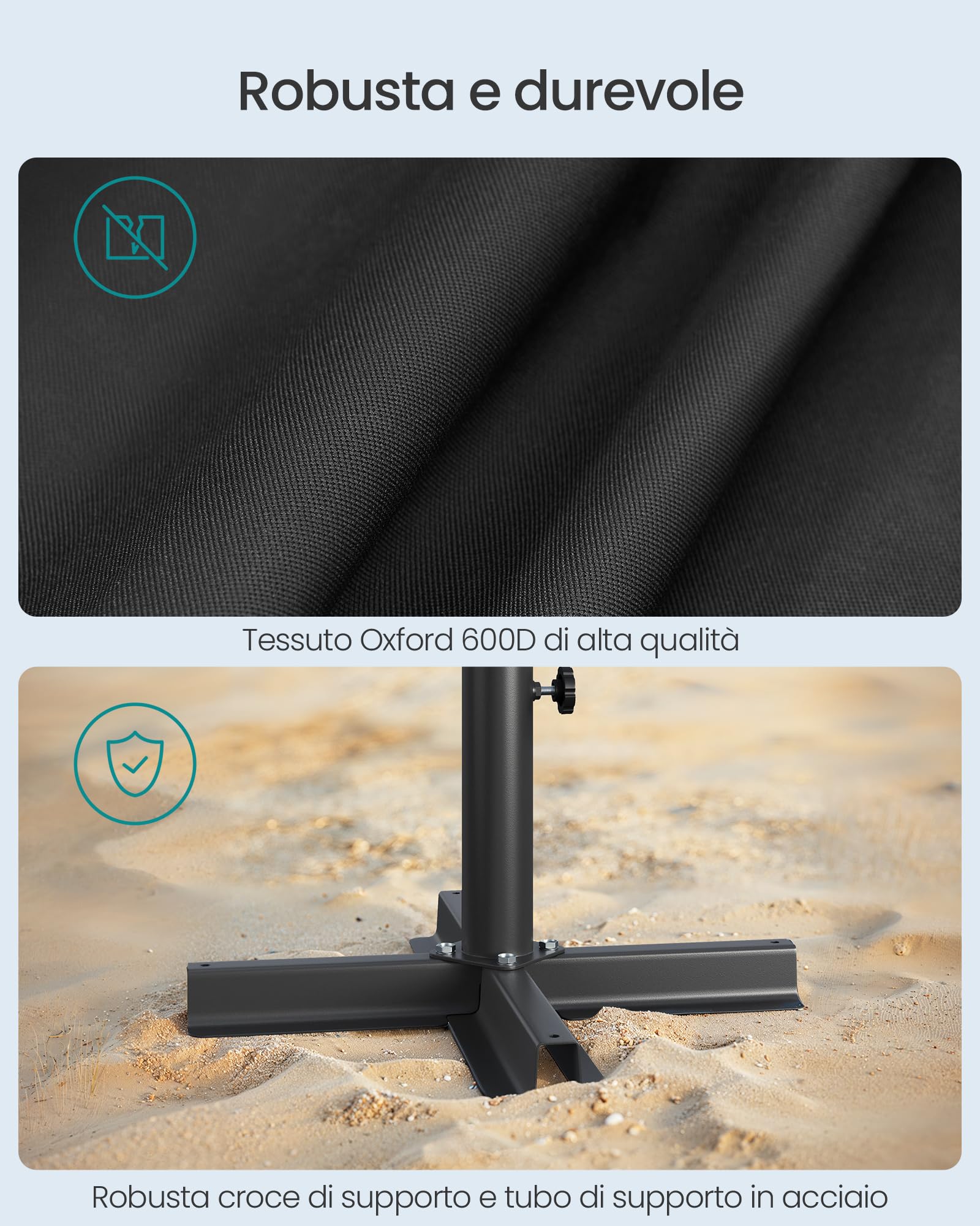 SONGMICS Base per Ombrellone, Supporto per Ombrellone, Riempibile con Sabbia, Porta per Ombrelloni da 1,5 a 3 m, con 3 Anelli Riduttori, Nero GUB0041B01