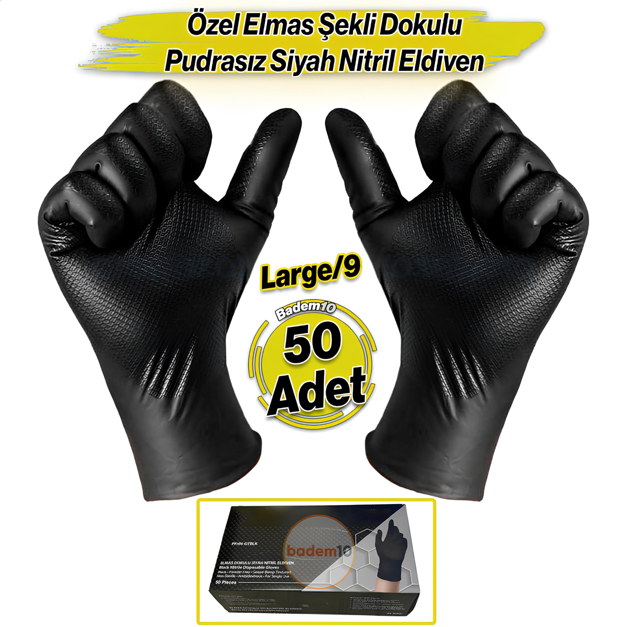 Elmas Dokulu 25 Çift 50 Adet Siyah L Beden 9 Numara Kalın Hijyenik Pudrasız Nitril Muayene Eldiveni